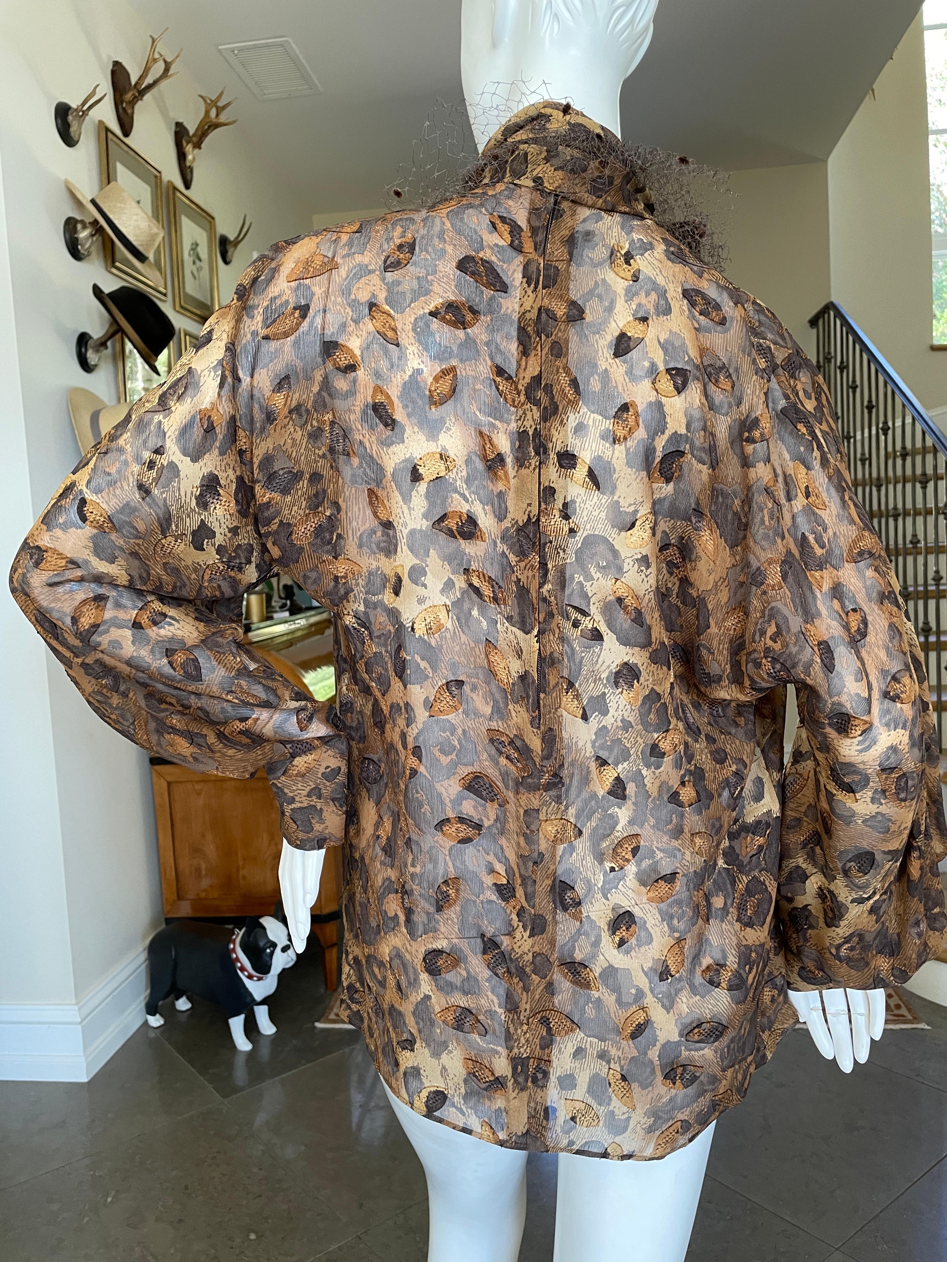 Gianfranco Ferre Vintage Sheer Pleated Leopard Print Silk Blouse and Scarf For Sale 7