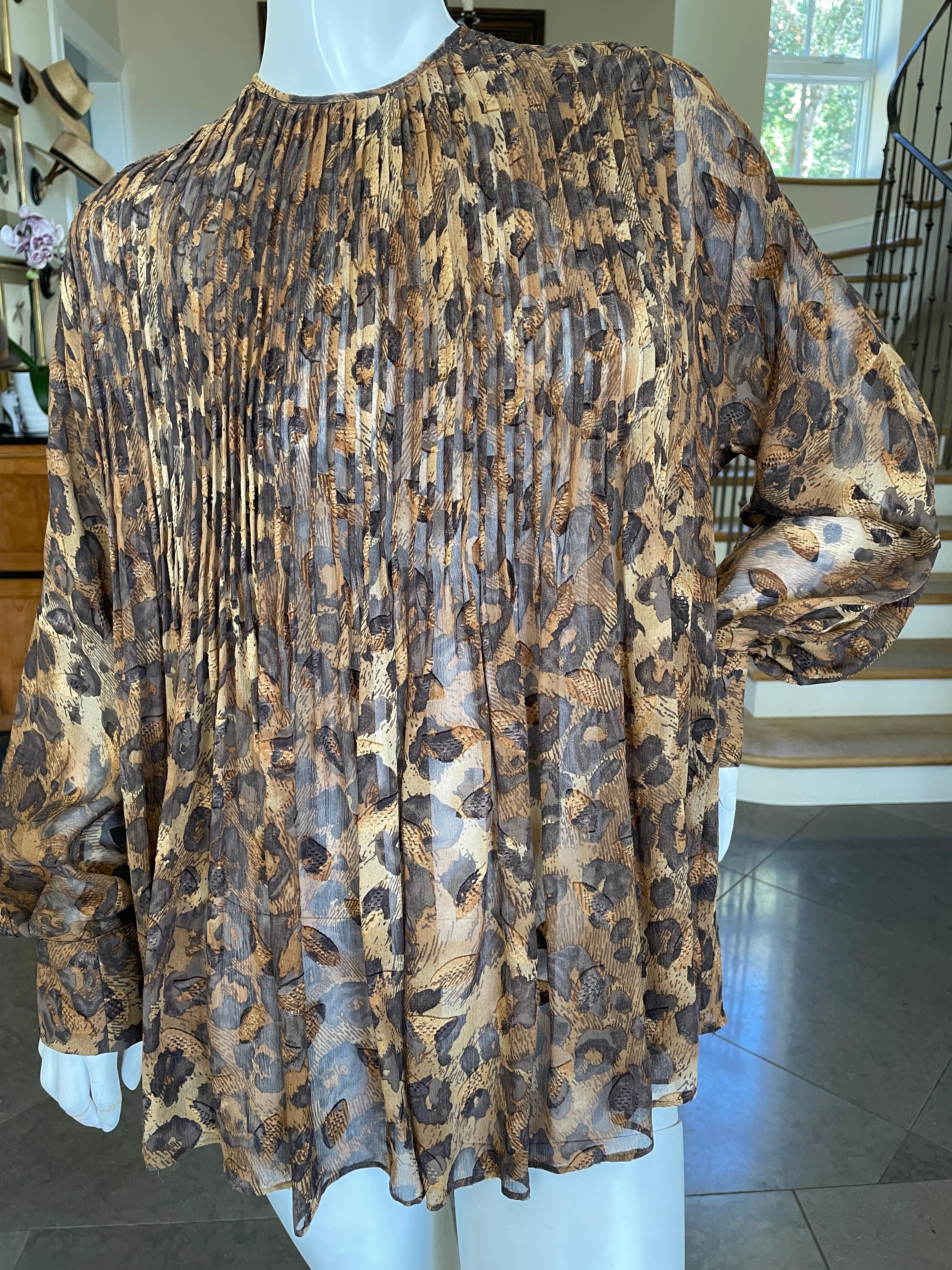 Gray  Gianfranco Ferre Vintage Sheer Pleated Leopard Print Silk Blouse and Scarf For Sale