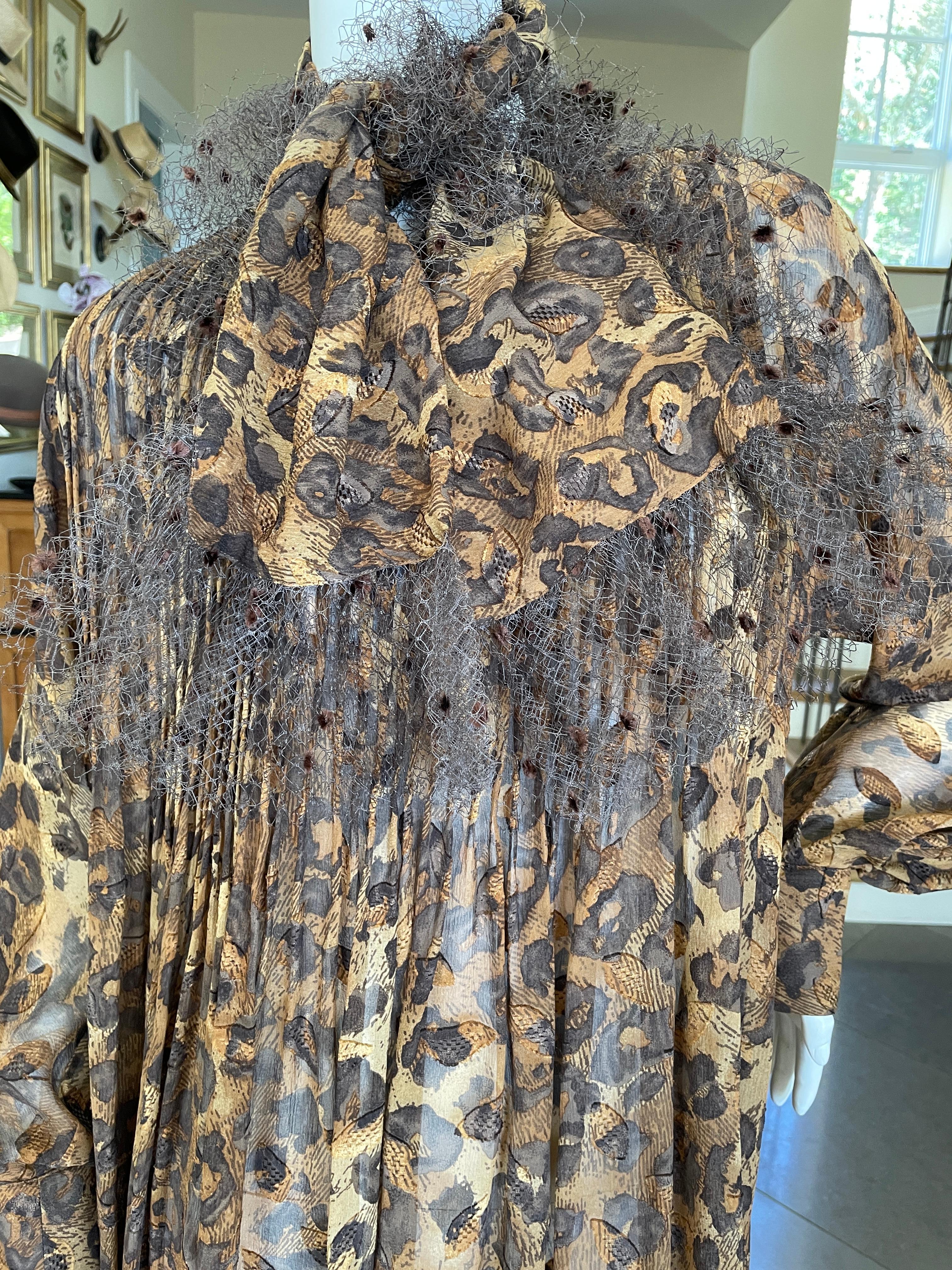  Gianfranco Ferre Vintage Sheer Pleated Leopard Print Silk Blouse and Scarf For Sale 2