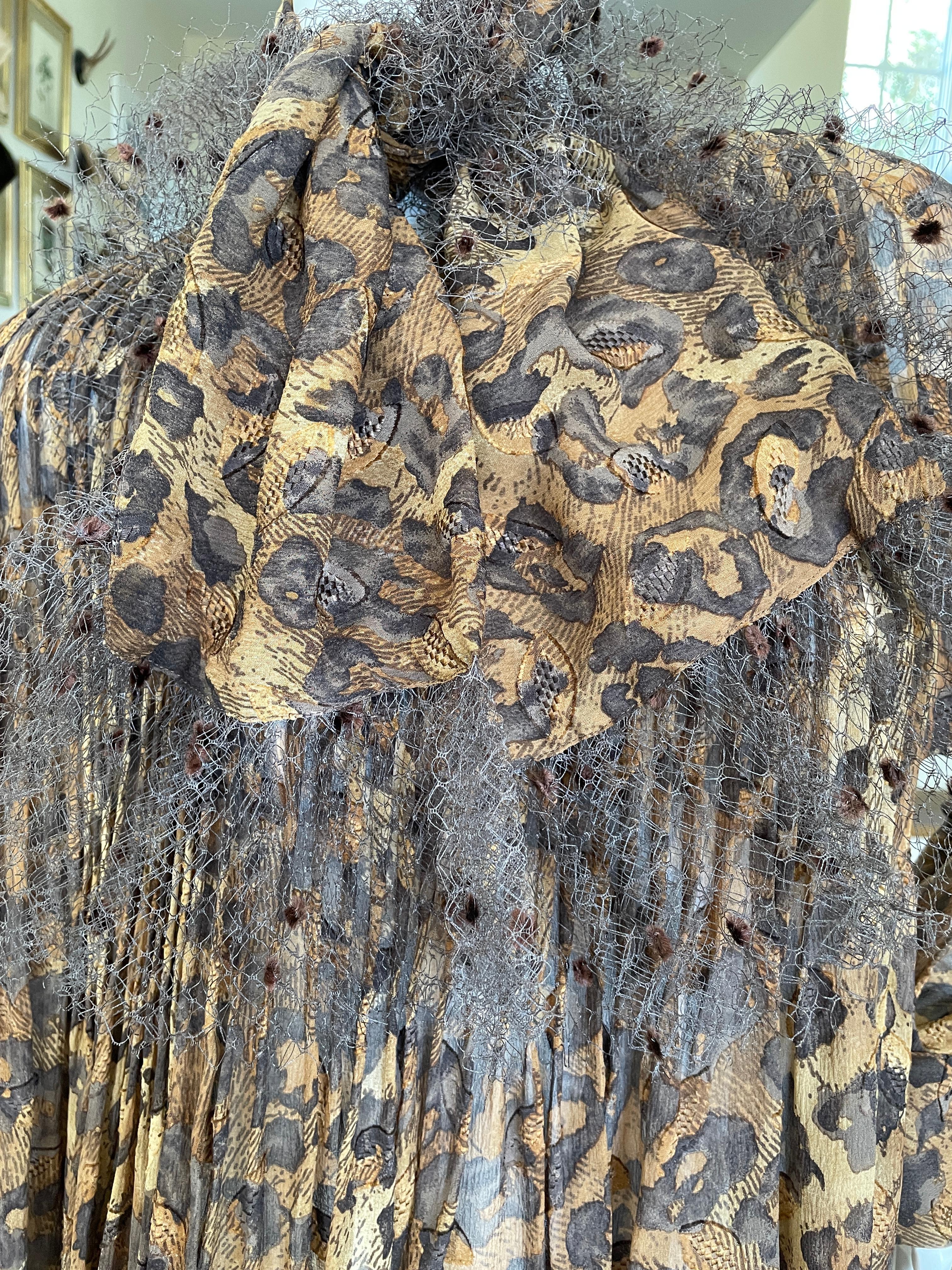  Gianfranco Ferre Vintage Sheer Pleated Leopard Print Silk Blouse and Scarf For Sale 3
