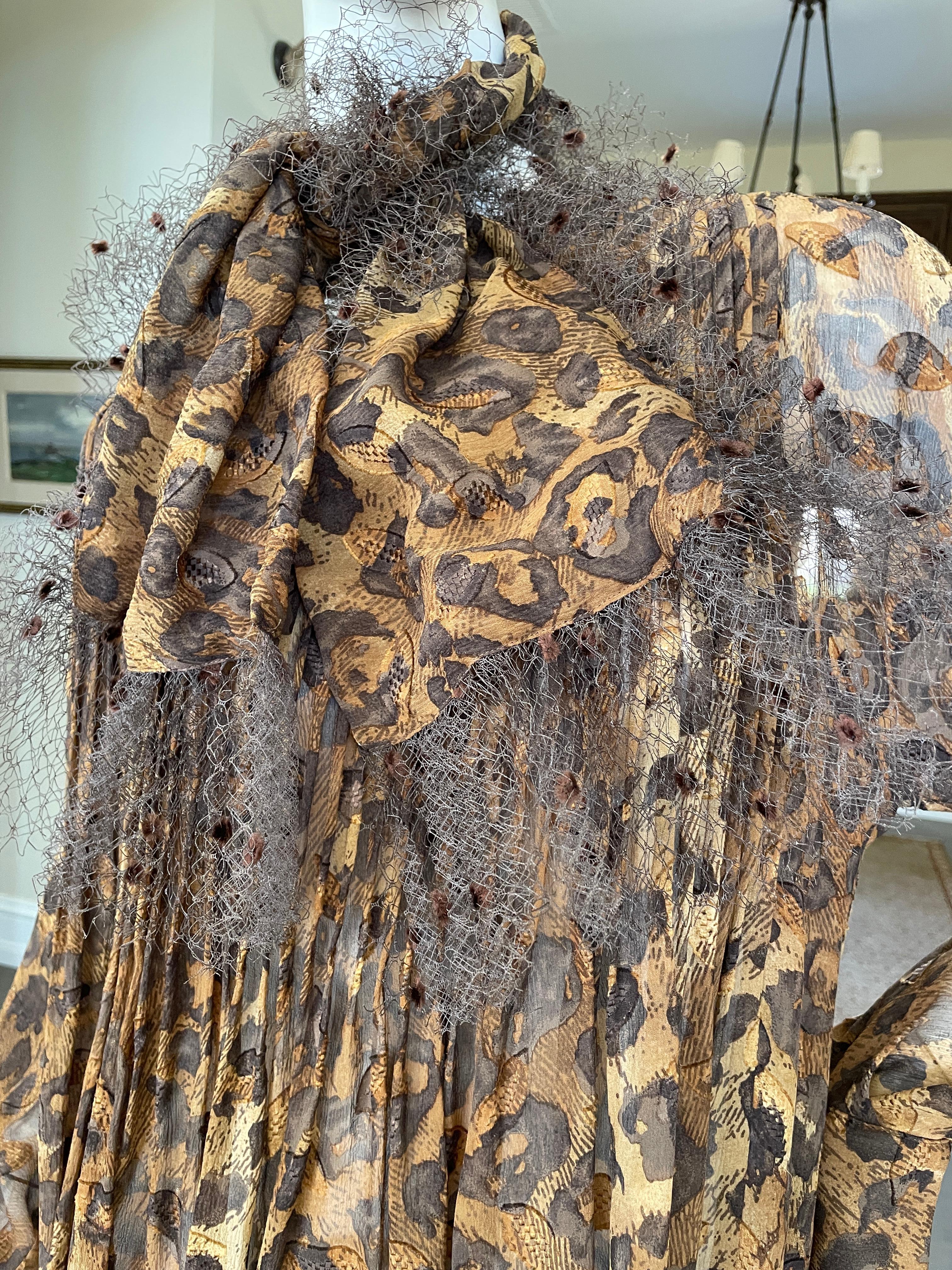  Gianfranco Ferre Vintage Sheer Pleated Leopard Print Silk Blouse and Scarf For Sale 4