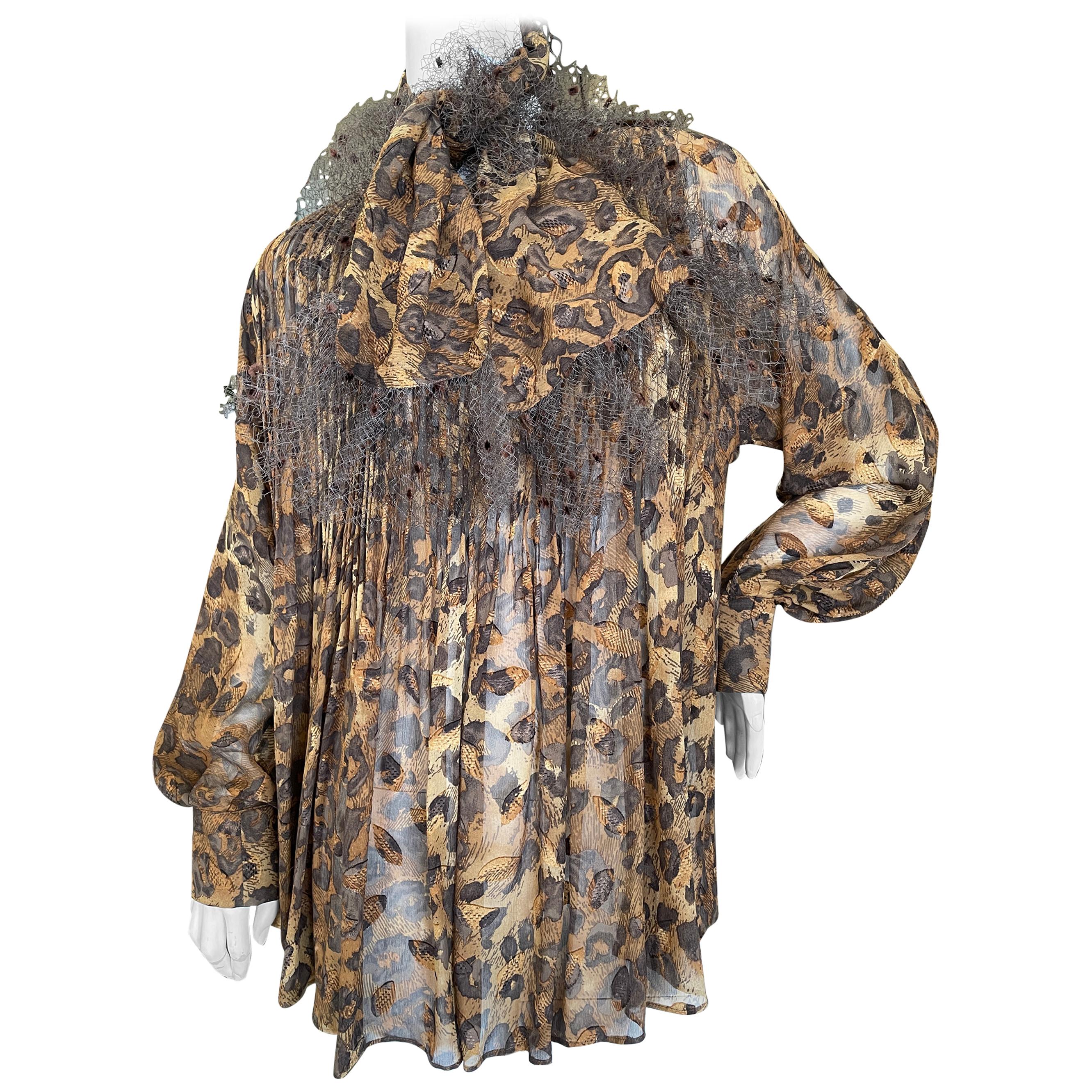  Gianfranco Ferre Vintage Sheer Pleated Leopard Print Silk Blouse and Scarf For Sale