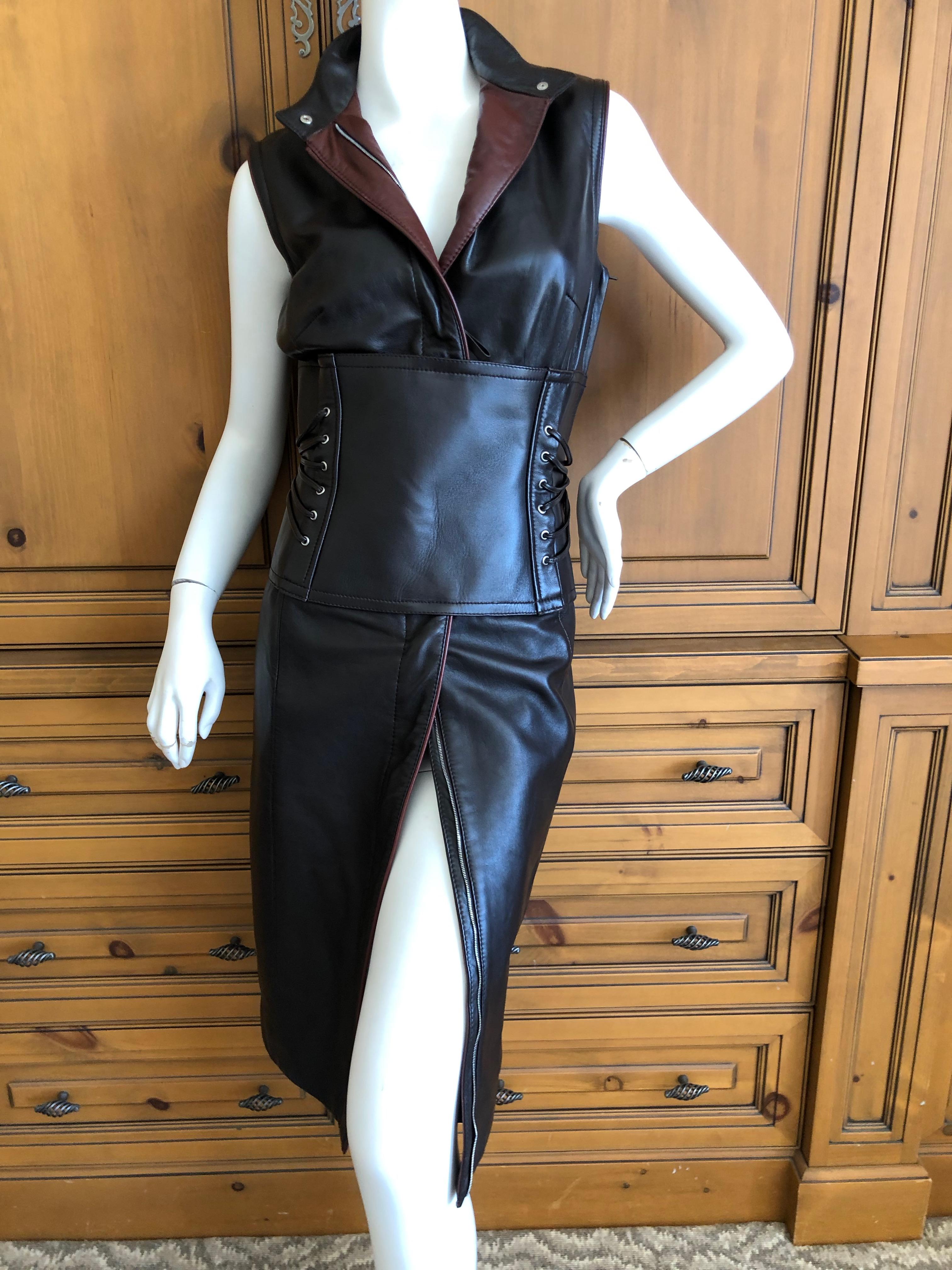 Gianfranco Ferre Vintage Silk Lined Leather Dress w Wide Lace Up 