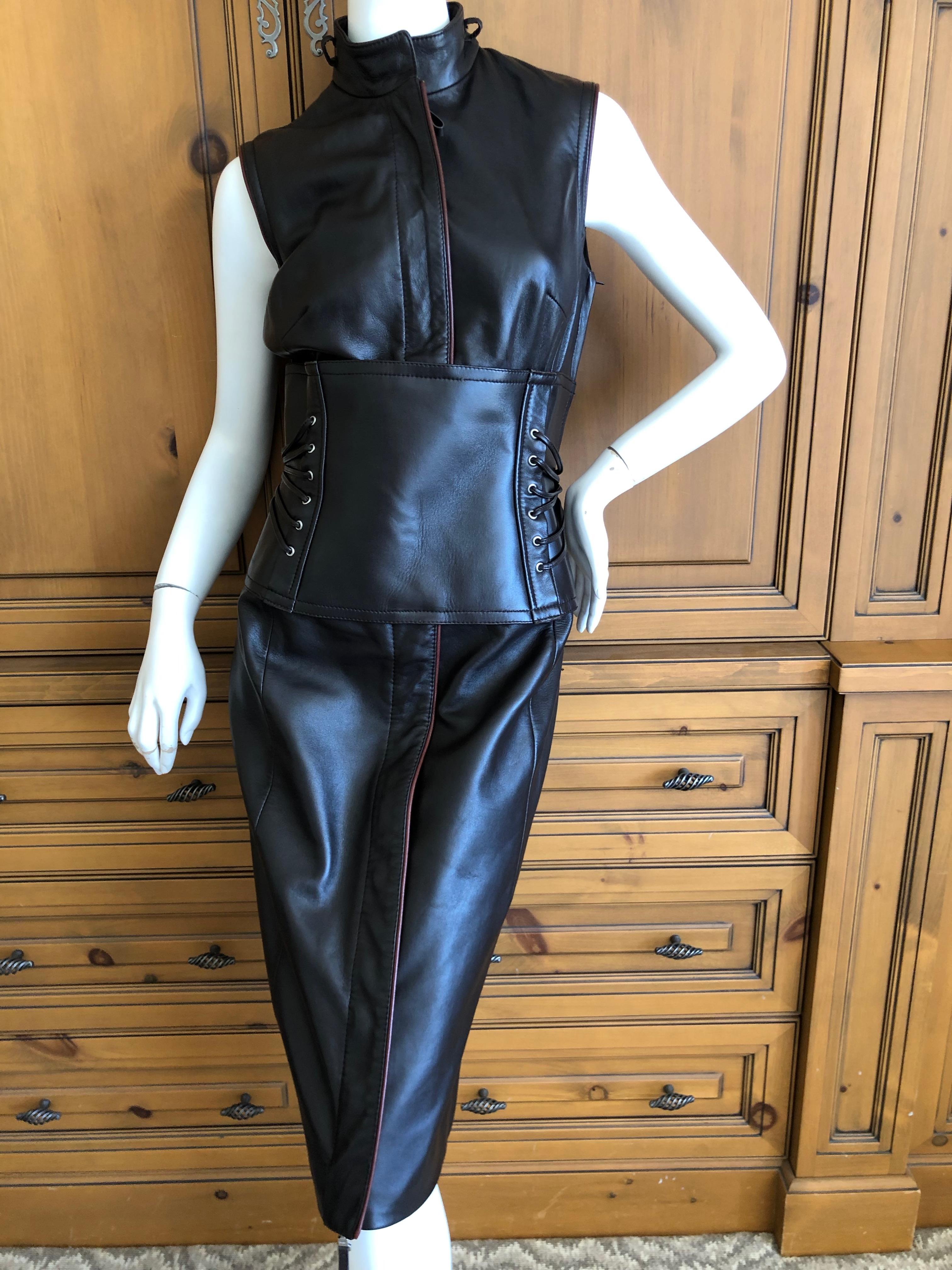 Gianfranco Ferre Vintage Silk Lined Leather Dress w Wide Lace Up 