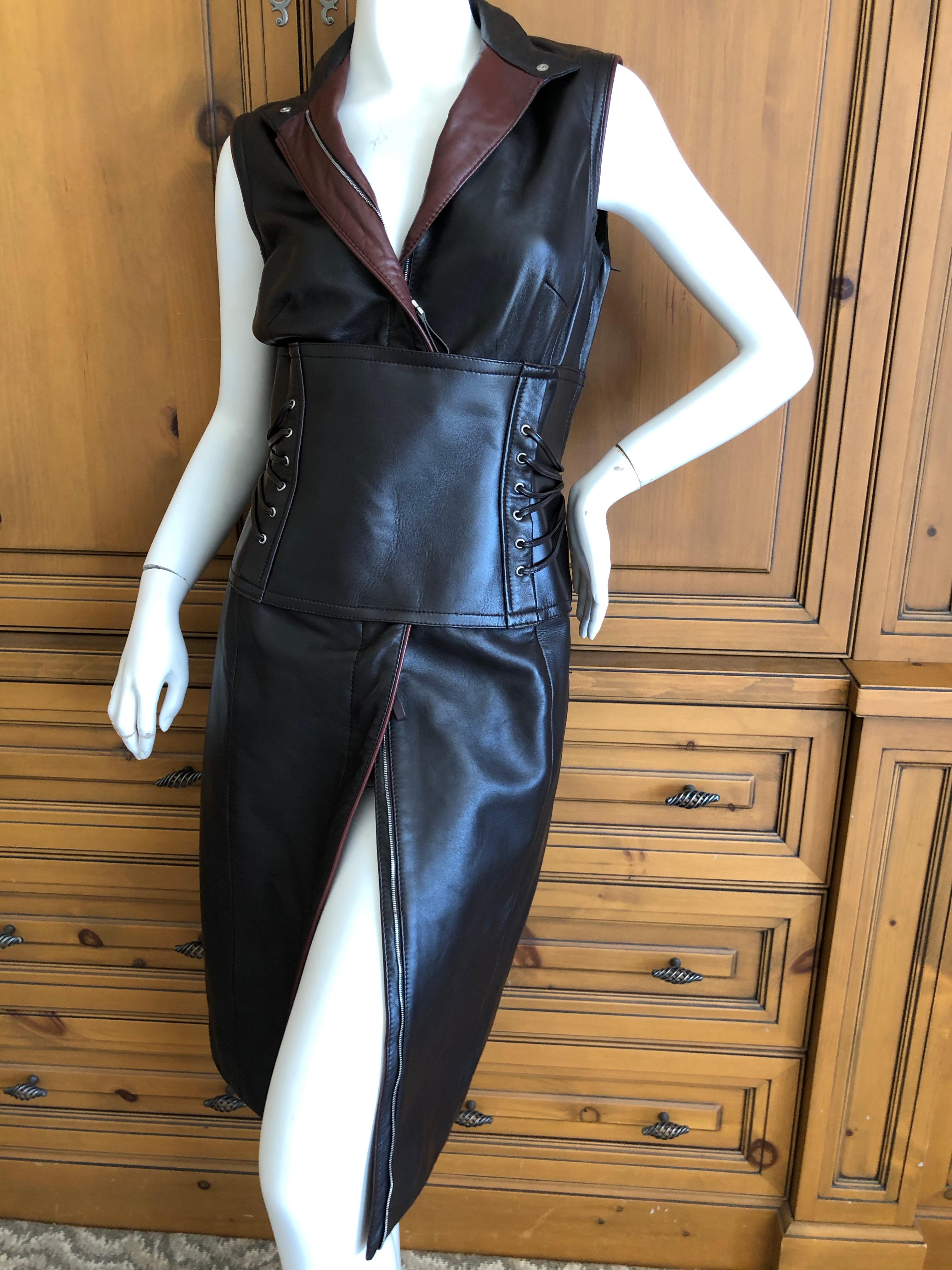 Gianfranco Ferre Vintage Silk Lined Leather Dress w Wide Lace Up 