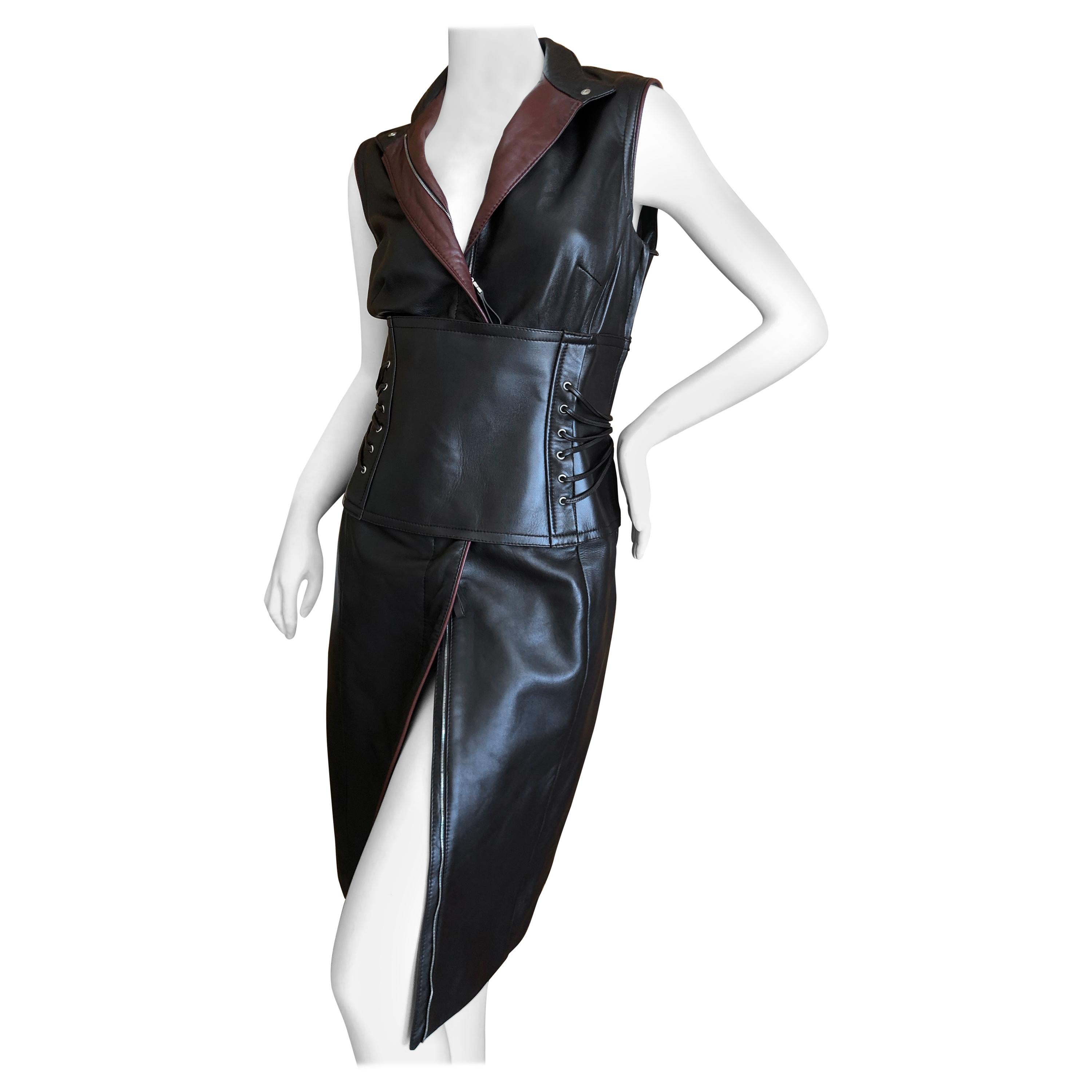Gianfranco Ferre Vintage Silk Lined Leather Dress w Wide Lace Up "Obi" Like Belt For Sale