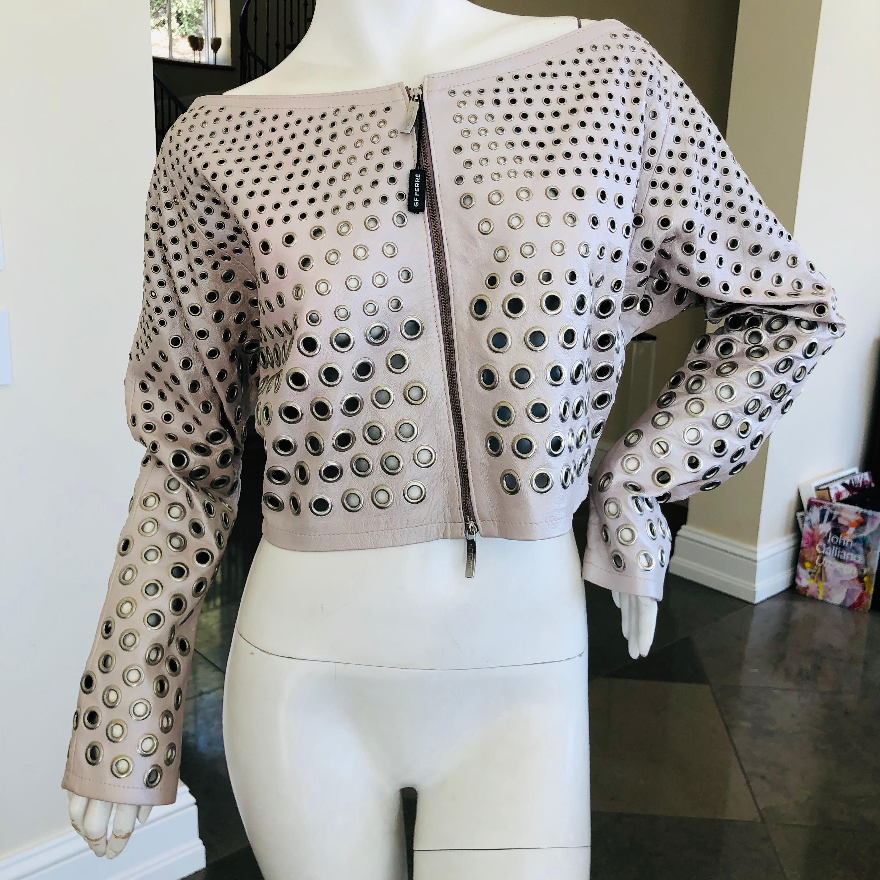 Gianfranco Ferre Vintage Silver Leather Cropped Jacket with Graduating Grommets In Excellent Condition In Cloverdale, CA