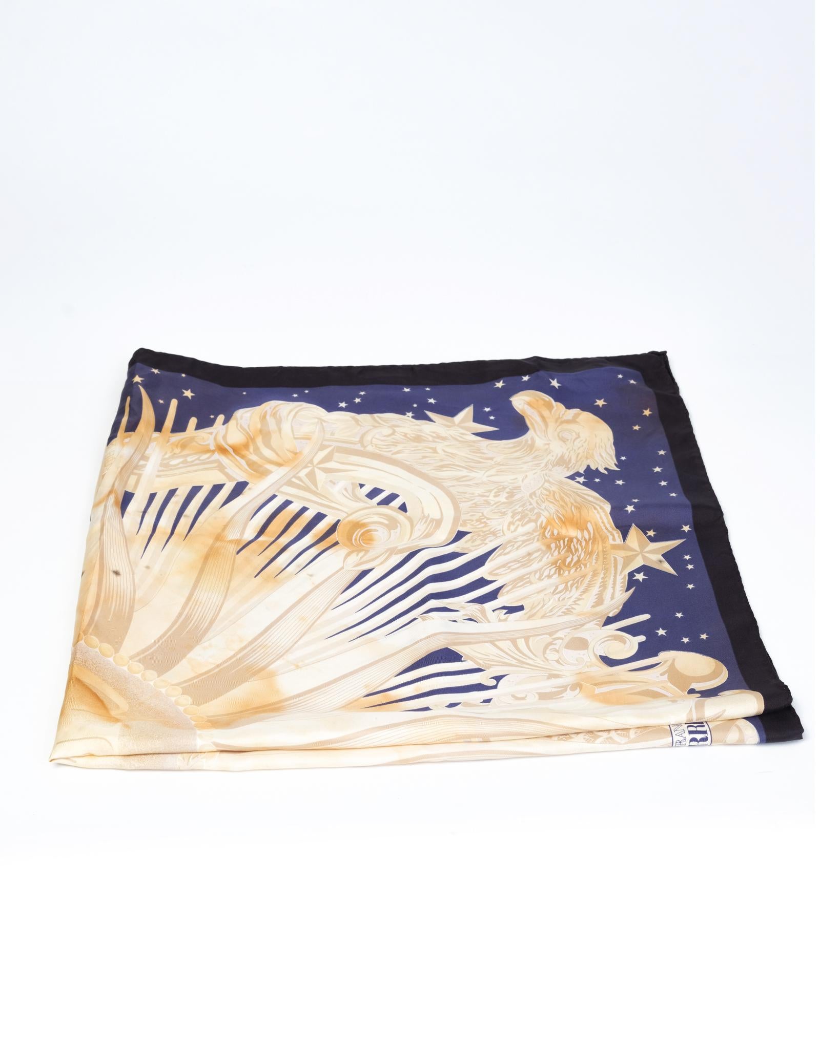 Romantic Cherub Painting Black neckerchief. Cashmere blend.
A Regal sun and star motif centers this silk square scarf. Black border and FERRE Printed logo define this hard to find vintage scarf. 

COLOR: Blue and gold
MATERIAL: Silk
MEASUREMENTS: L