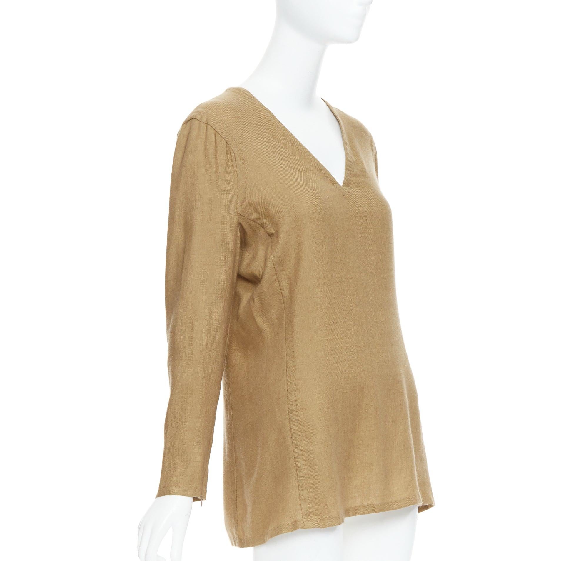 Brown GIANFRANCO FERRE Vintage taupe cashmere silk v neck hand stitch tunic top IT42 M For Sale