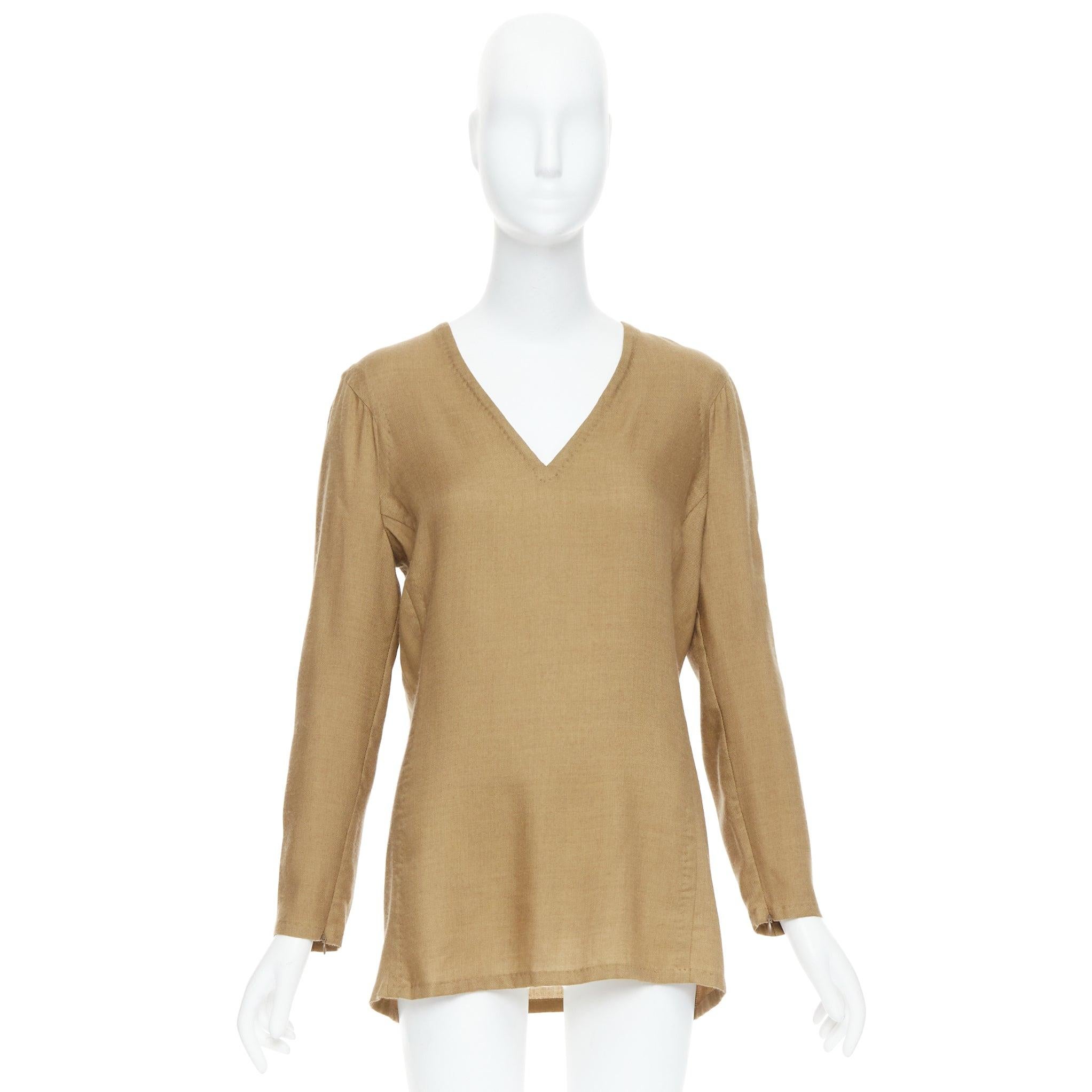 GIANFRANCO FERRE Vintage taupe cashmere silk v neck hand stitch tunic top IT42 M For Sale 4