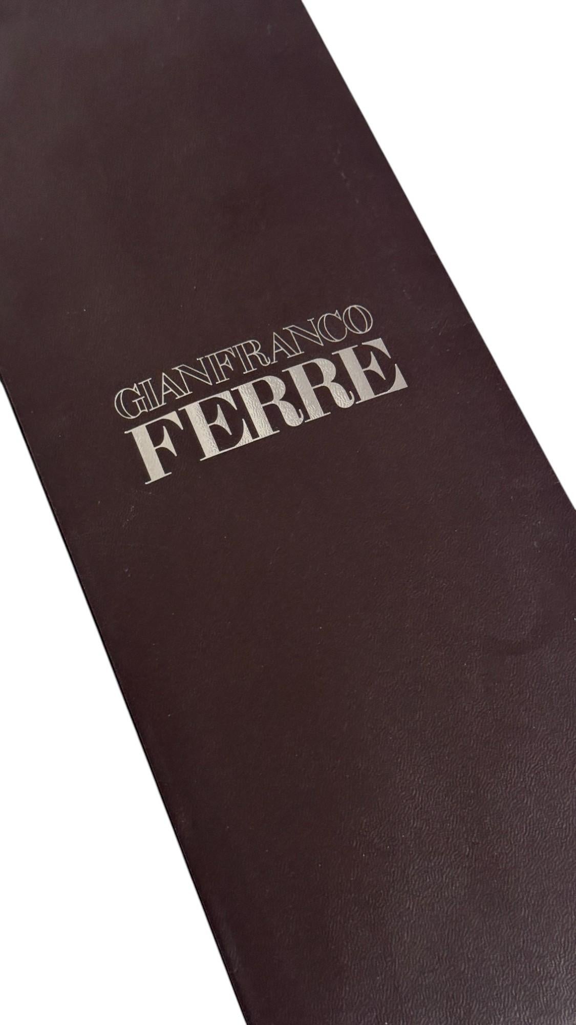 This rare vintage Gianfranco Ferré tie showcases a luxurious baroque-inspired pattern featuring alternating bronze and chocolate-brown stripes filled with intricate swirling motifs and ornamental details in golden ochre and muted green tones. The