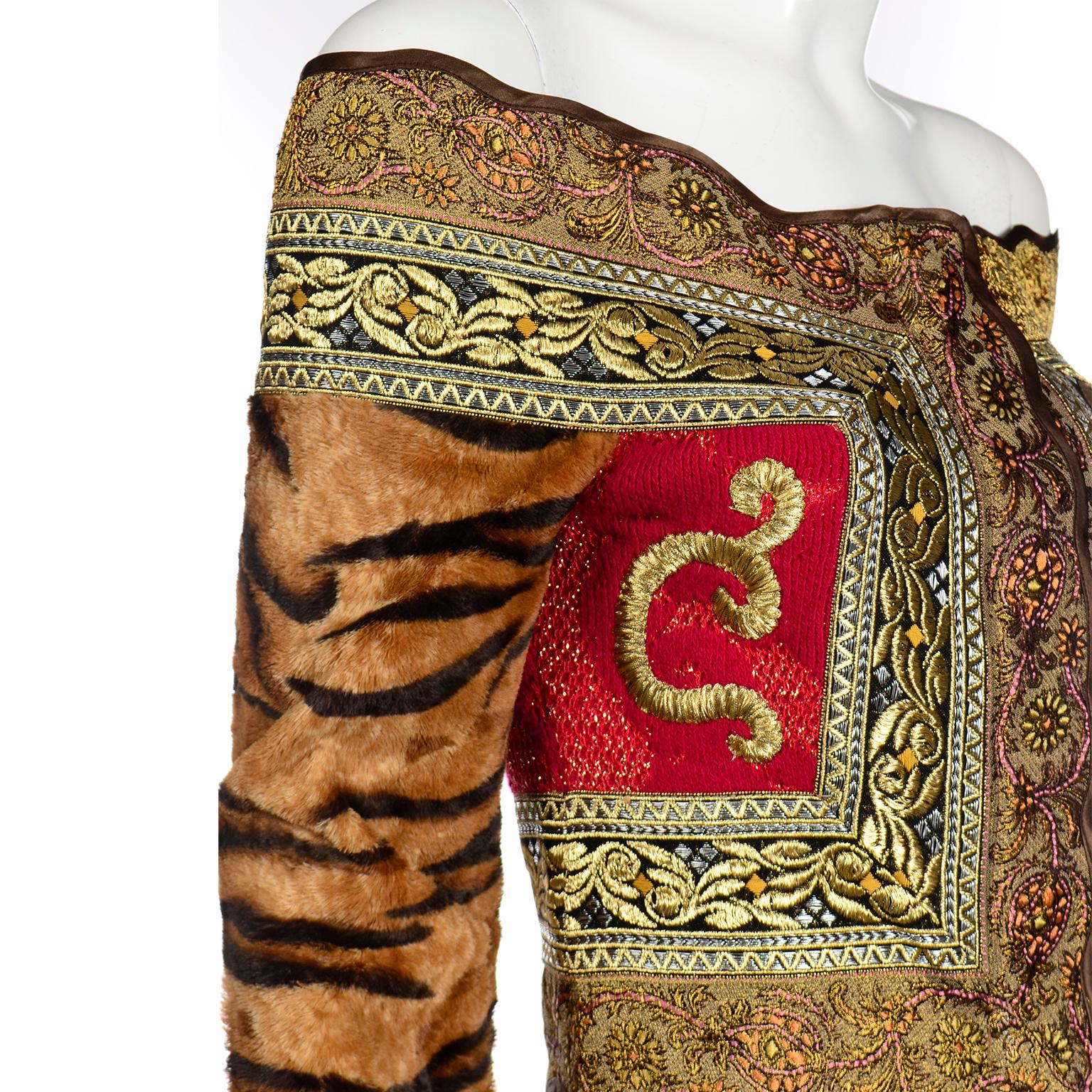 Brown Gianfranco Ferre Vintage Tiger Stripe Sleeve Off Shoulder Cropped Jacket w/ Tags