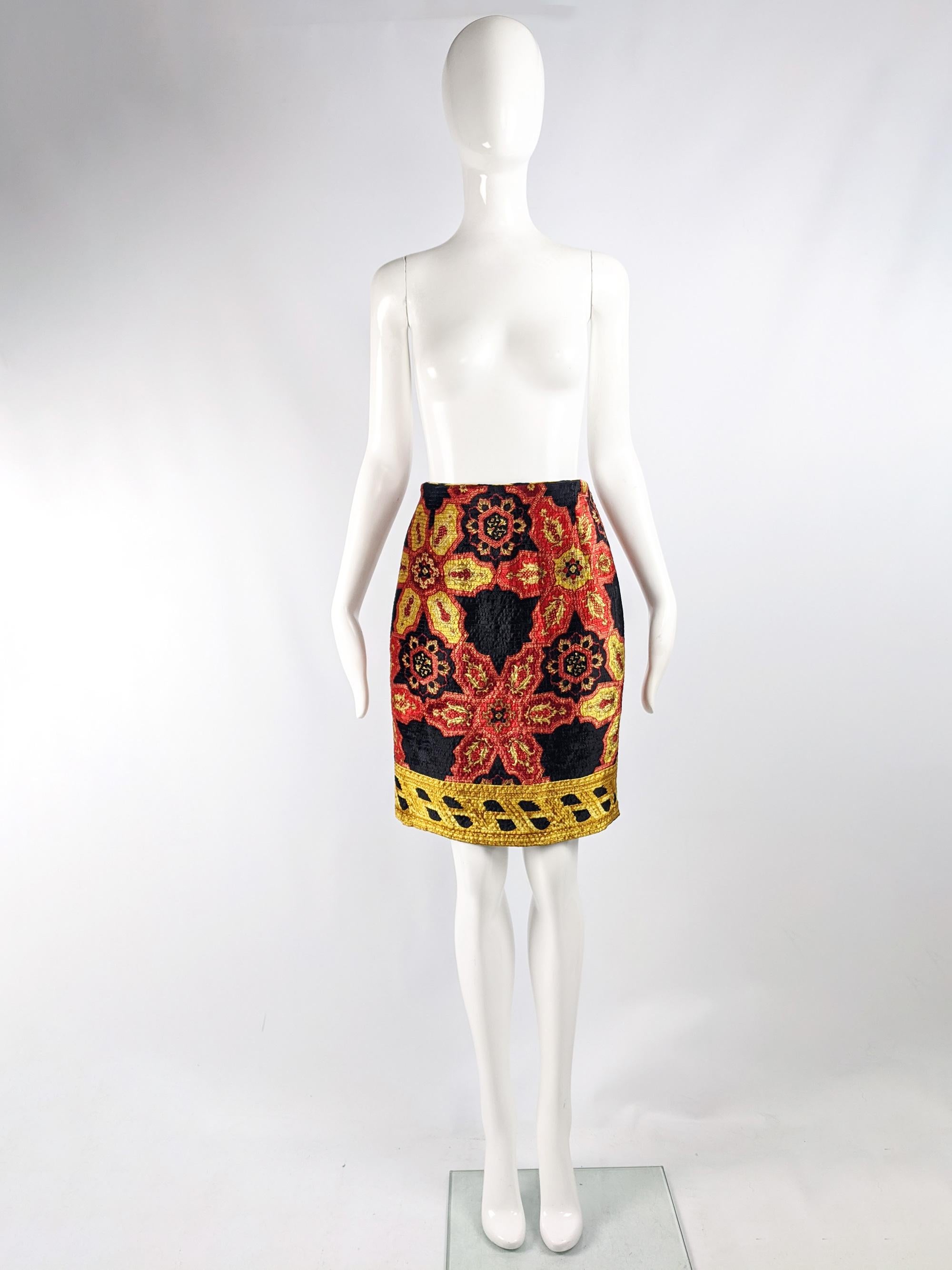 A beautiful vintage womens Gianfranco Ferré pencil skirt from the late 80s / early 90s. In a black velvet with a red, yellow and gold baroque print and black striped topstitching throughout. Perfect for a party or evening event. 

Size: Marked IT 40