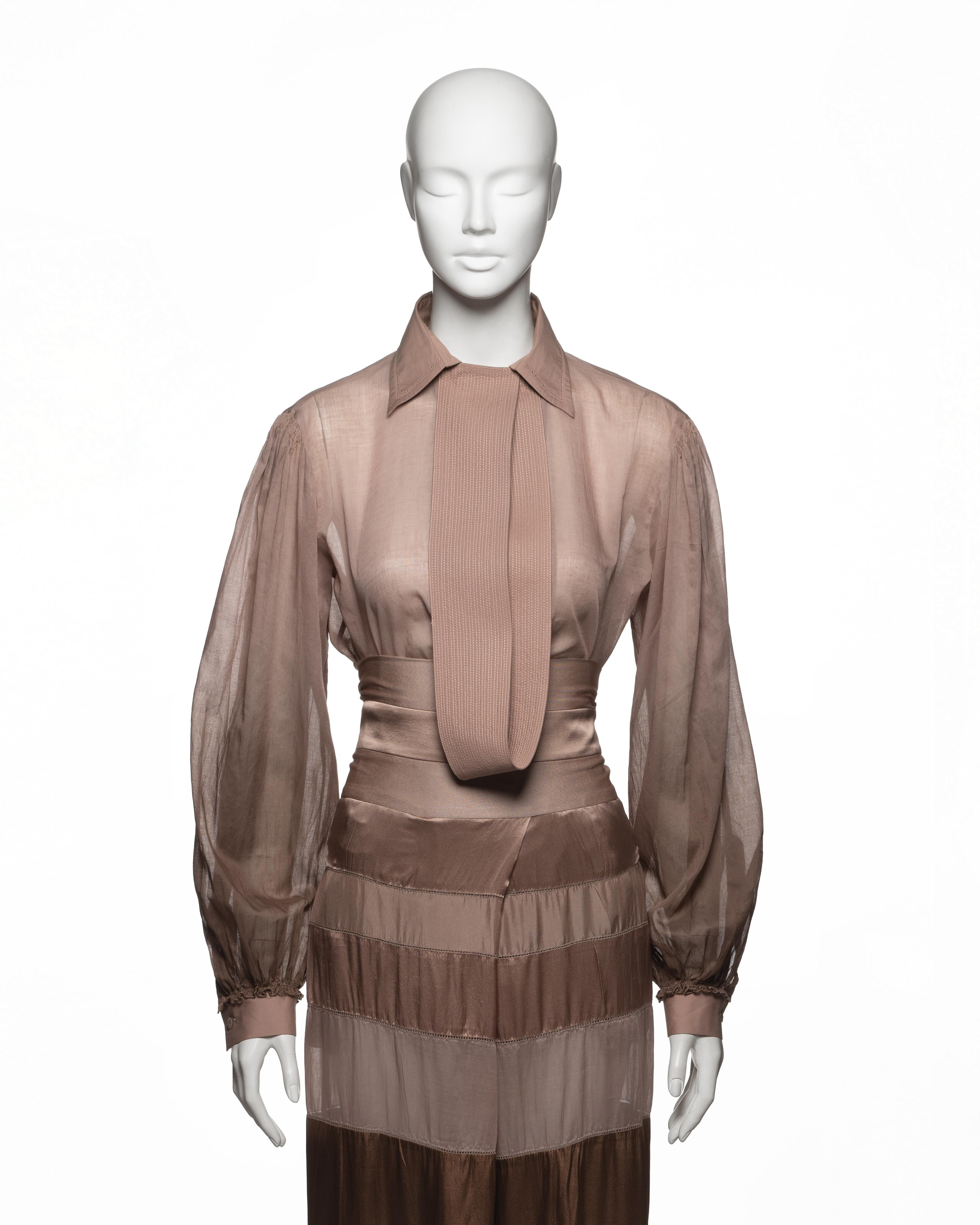 Conjunto Gianfranco Ferré de blusa de gasa y pantalón de seda, SS 2008 Marrón en venta