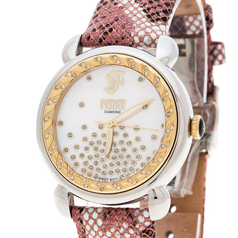Contemporary Gianfranco Ferre White Mother of Pearl Gold Plated Stainless Steel 2145L-K Women