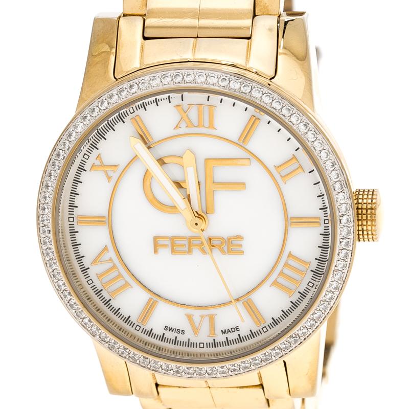 Contemporary Gianfranco Ferre White Mother of Pearl Gold Plated Stainless Steel Women's Wrist