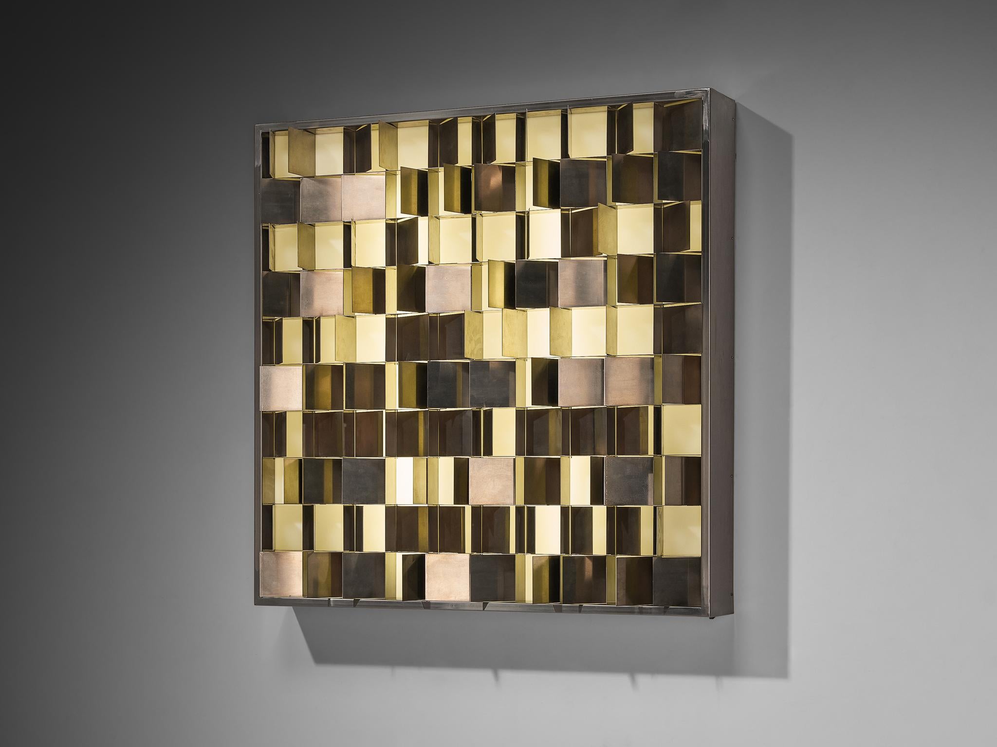 Gianfranco Fini per New Lamp, scultura luminosa 'Programma', acciaio inossidabile, circa 1970 

Espressiva scultura luminosa del designer italiano Gianfranco Fini, progettata nel 1970 circa. Fini, noto per i suoi design di luci post-moderne e per i