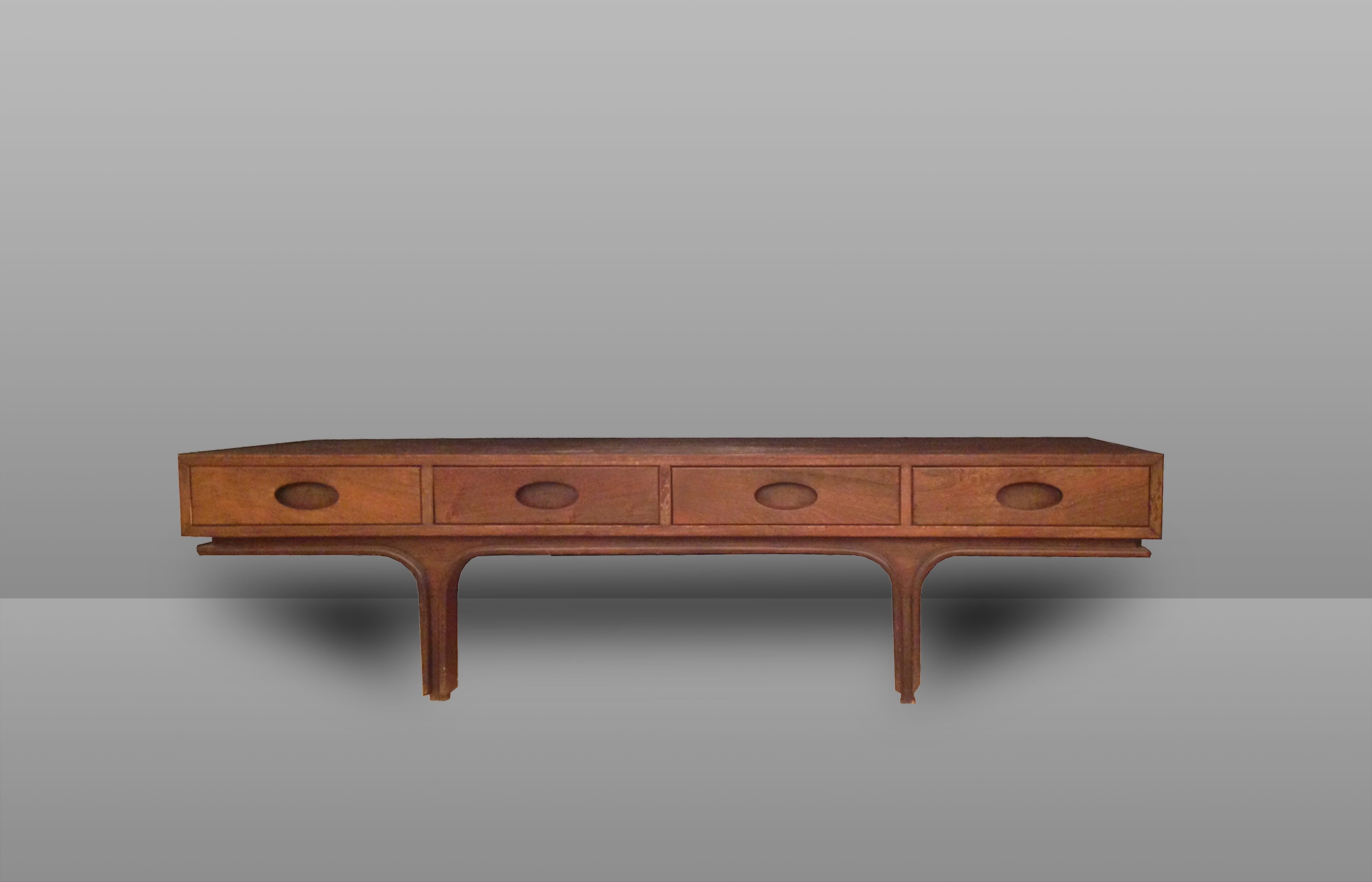 Bench - coffee table, cabinet with 4 drawers, by Gianfranco Frattini, 1960. Measures: 141 cm x 53 cm x 39 cm H.