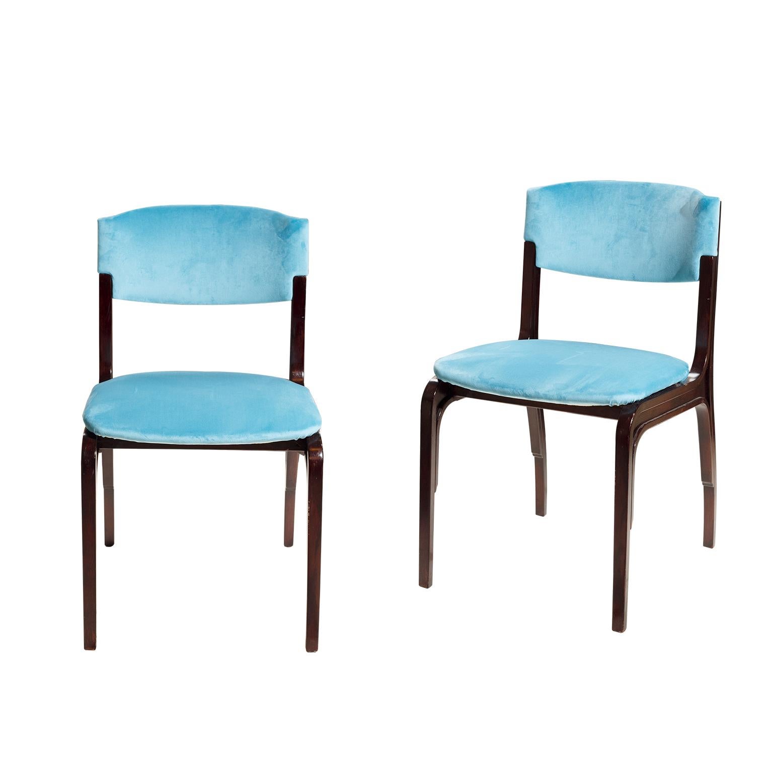 G.F. Frattini 5 Blue Velvet Chairs Mid-Century Modern From Cantieri Carugati For Sale 3
