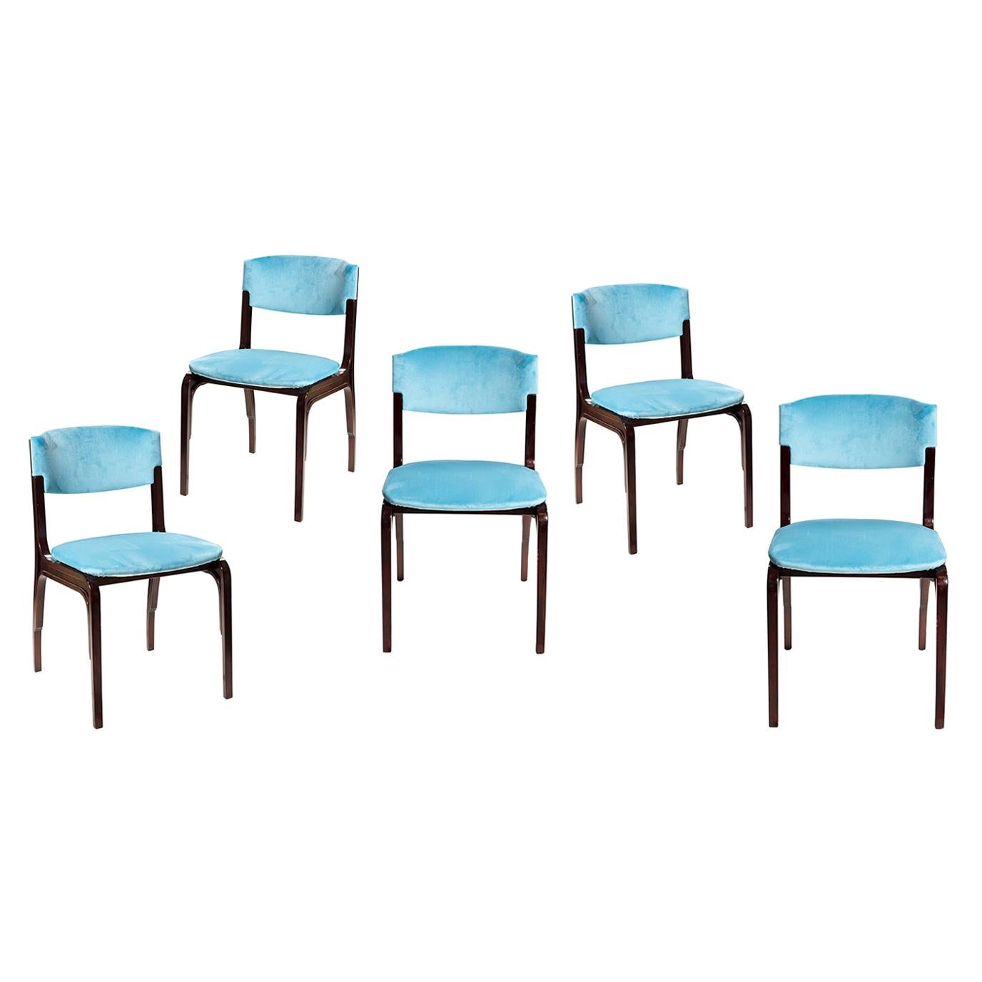 G.F. Frattini 5 Blue Velvet Chairs Mid-Century Modern From Cantieri Carugati