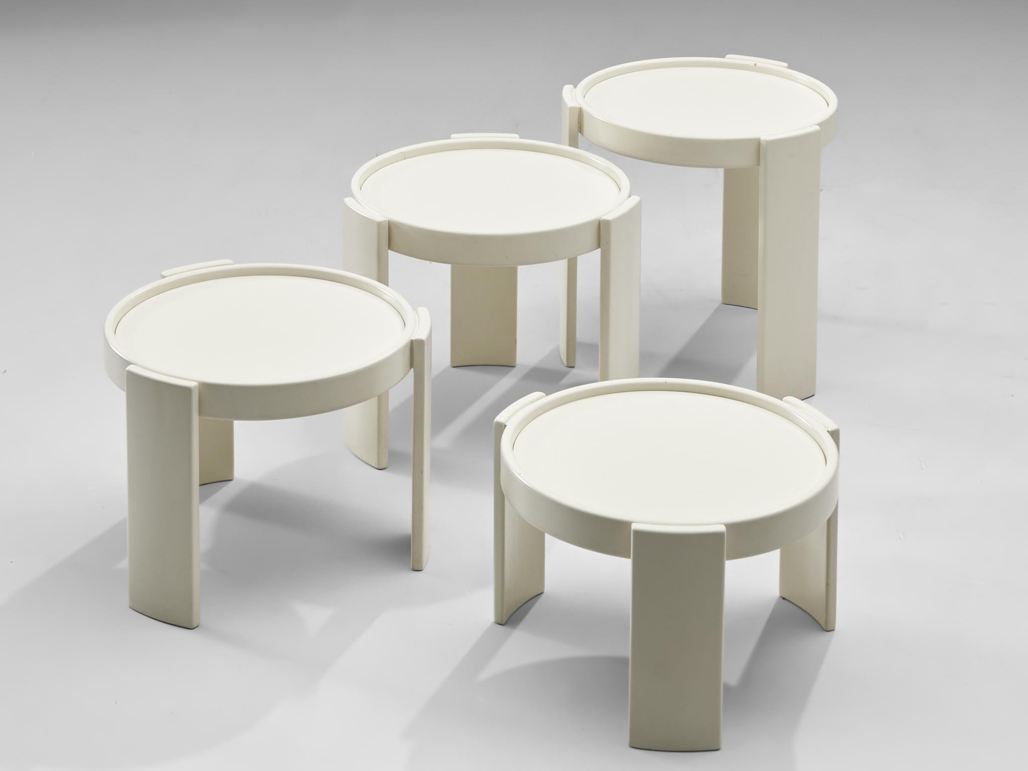 Gianfranco Frattini for Cassina, nesting table, white lacquered wood, Italy, 1960s

Nesting tables, consists of four pieces, designed by Gianfranco Frattini for Cassina. All the tables are white lacquered wood, round shaped and different heights,