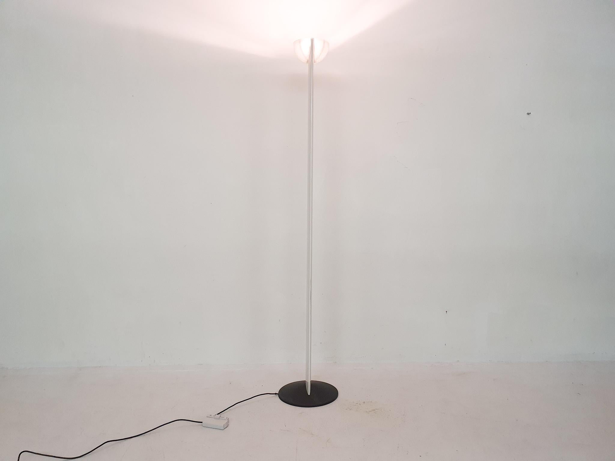 Large metal floor lamp with silver glass lamp shade and dimmable halogene light.
Gianfranco Frattini was an Italian architect and designer. He started working for himself after having worked with Gio Ponti, who was his mentor and teacher in his
