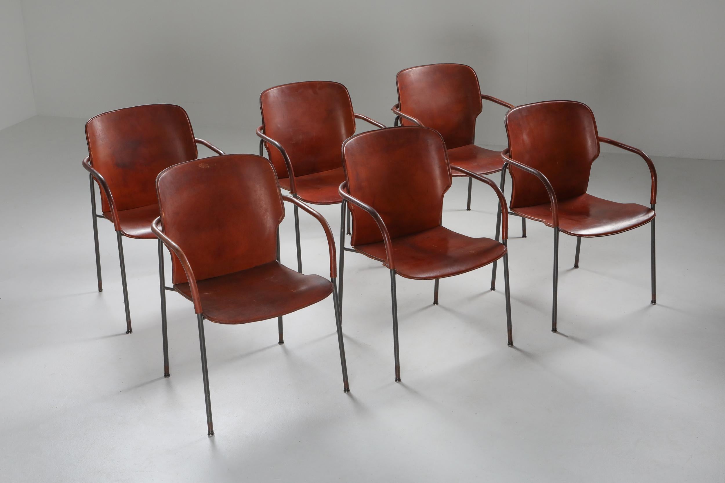 Lalanda chairs, set of 10 dining chairs, Gianfranco Frattini, 
Dark grey lacquered frame and cognac/whiskey patinated leather seating.
Magnificent set in every sense, we offer ten pieces in total, super quality, minimal lines, and fantastic patina