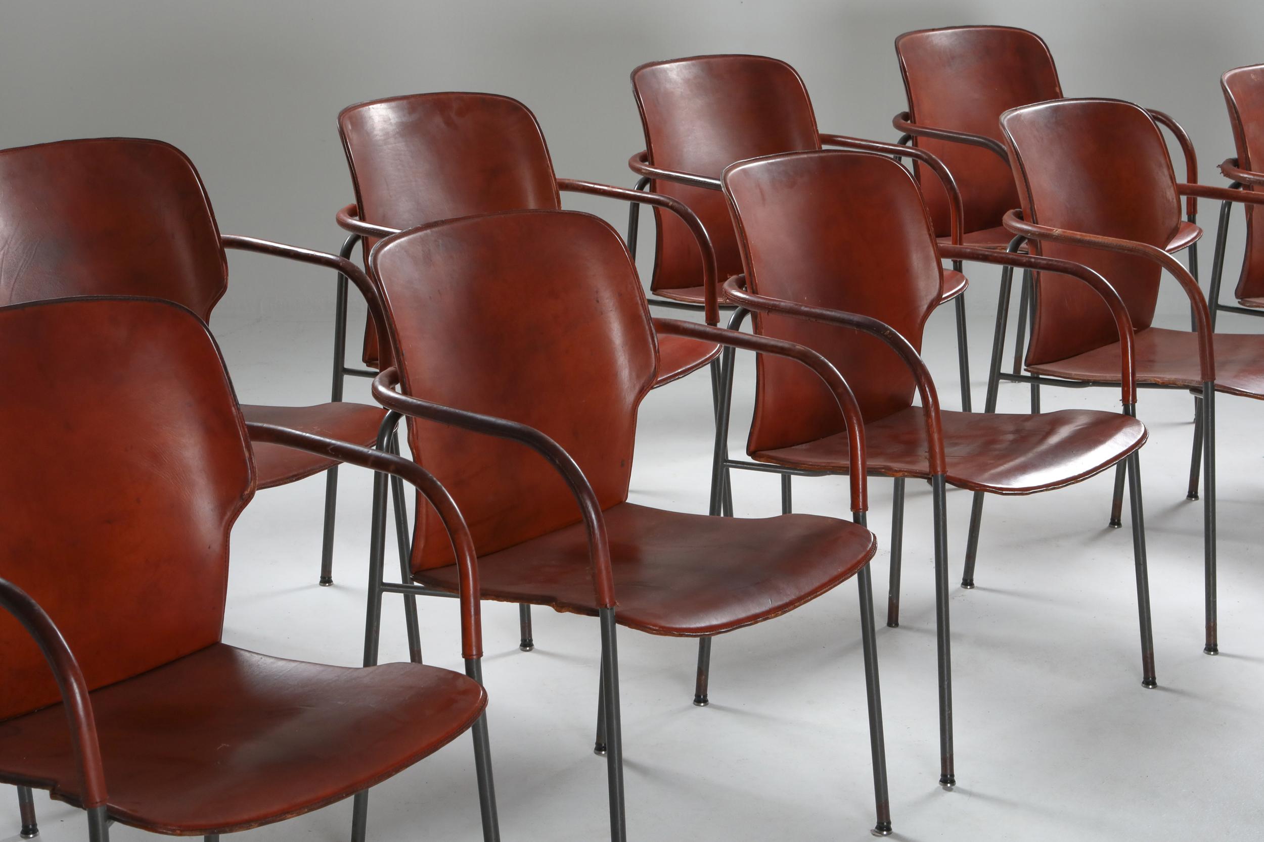 Lalanda chairs, set of six, Gianfranco Frattini, Italy 
Dark grey lacquered frame and cognac/whiskey patinated leather seating.
Magnificent set in every sense, we offer ten pieces in total, super quality, minimal lines, and fantastic patina on the