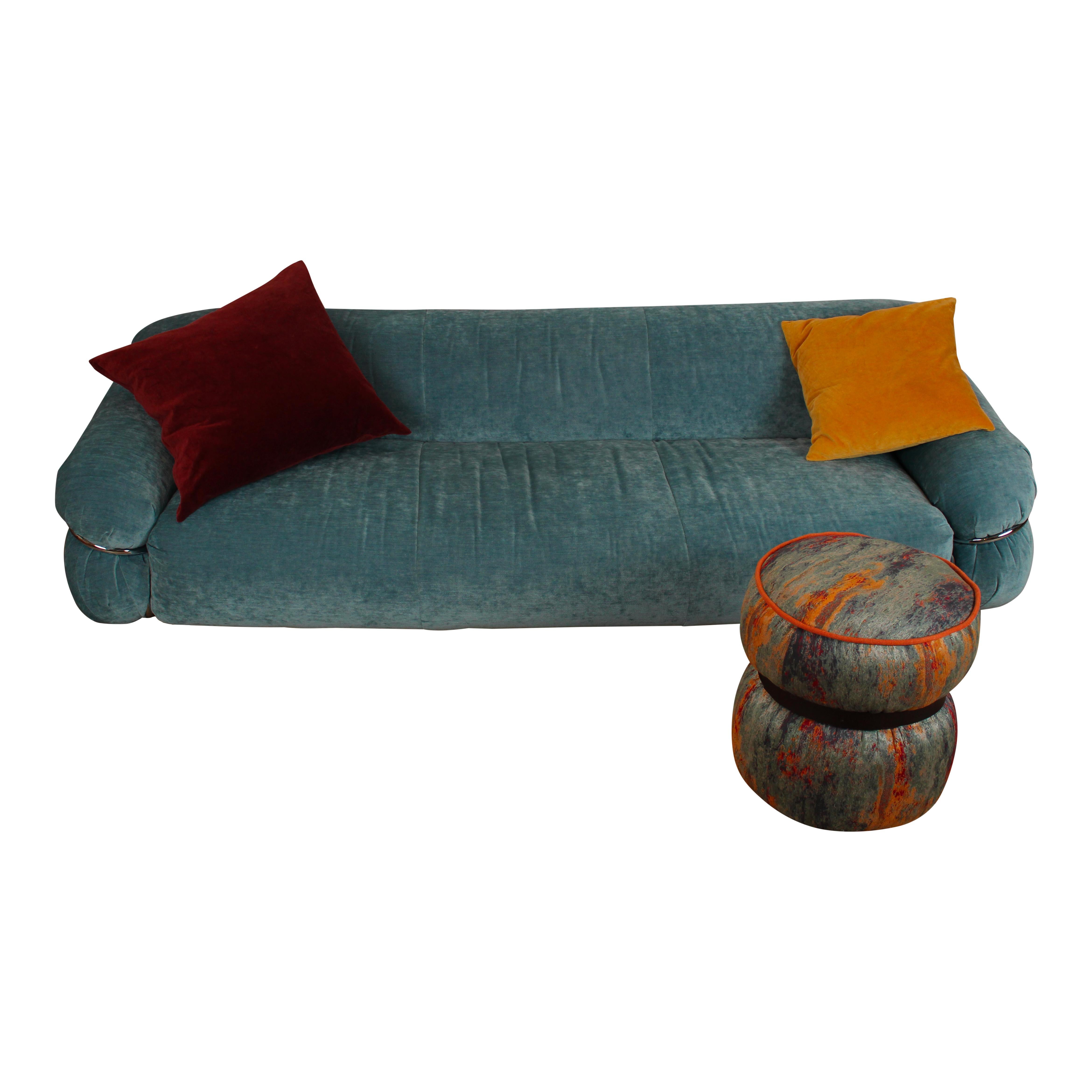 Gianfranco Frattini Azure Velvet Sesann Three-Seater Sofa for Cassina, 1972 For Sale 5