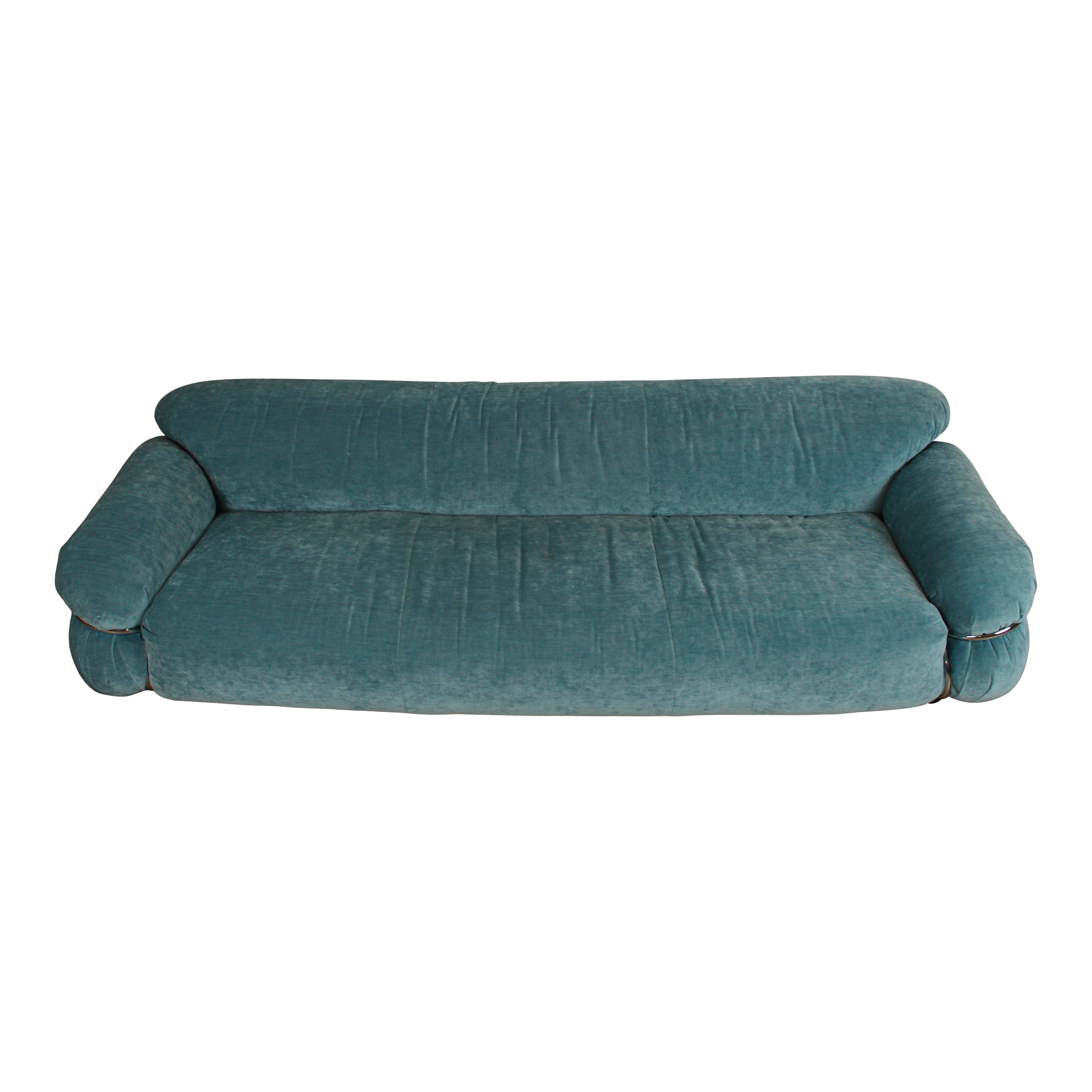 Italian Gianfranco Frattini Azure Velvet Sesann Three-Seater Sofa for Cassina, 1972 For Sale