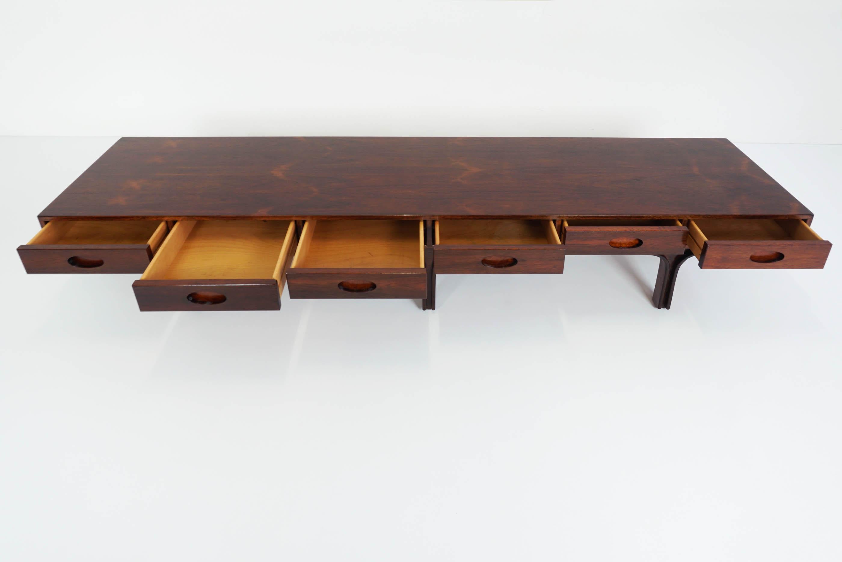 Italian Gianfranco Frattini, Bernini 6 Drawers Center Coffee Table or Bench in Jacaranda