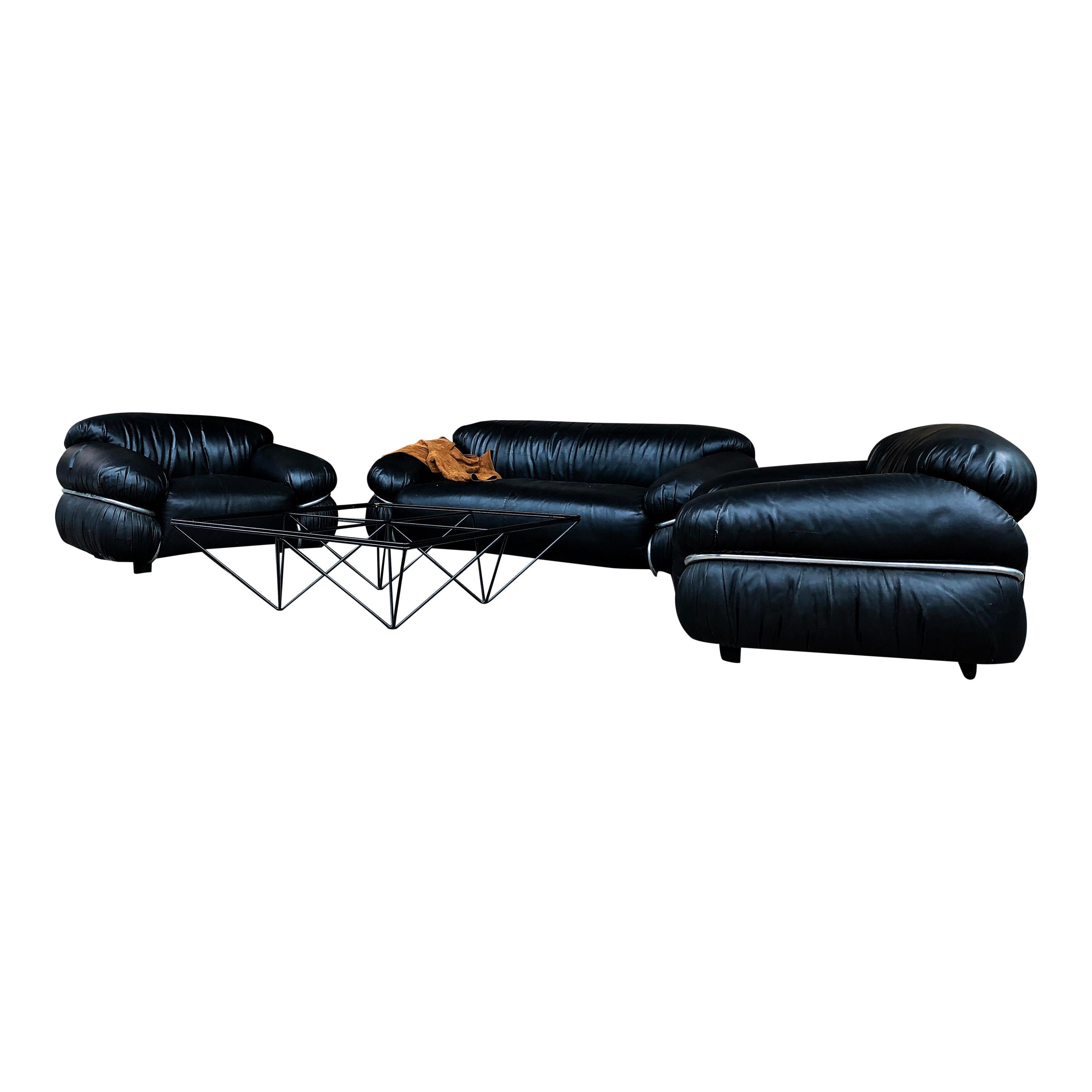 Sesann-Sessel aus schwarzem Leder von Gianfranco Frattini für Cassina, 1972, 2er-Set im Angebot 6