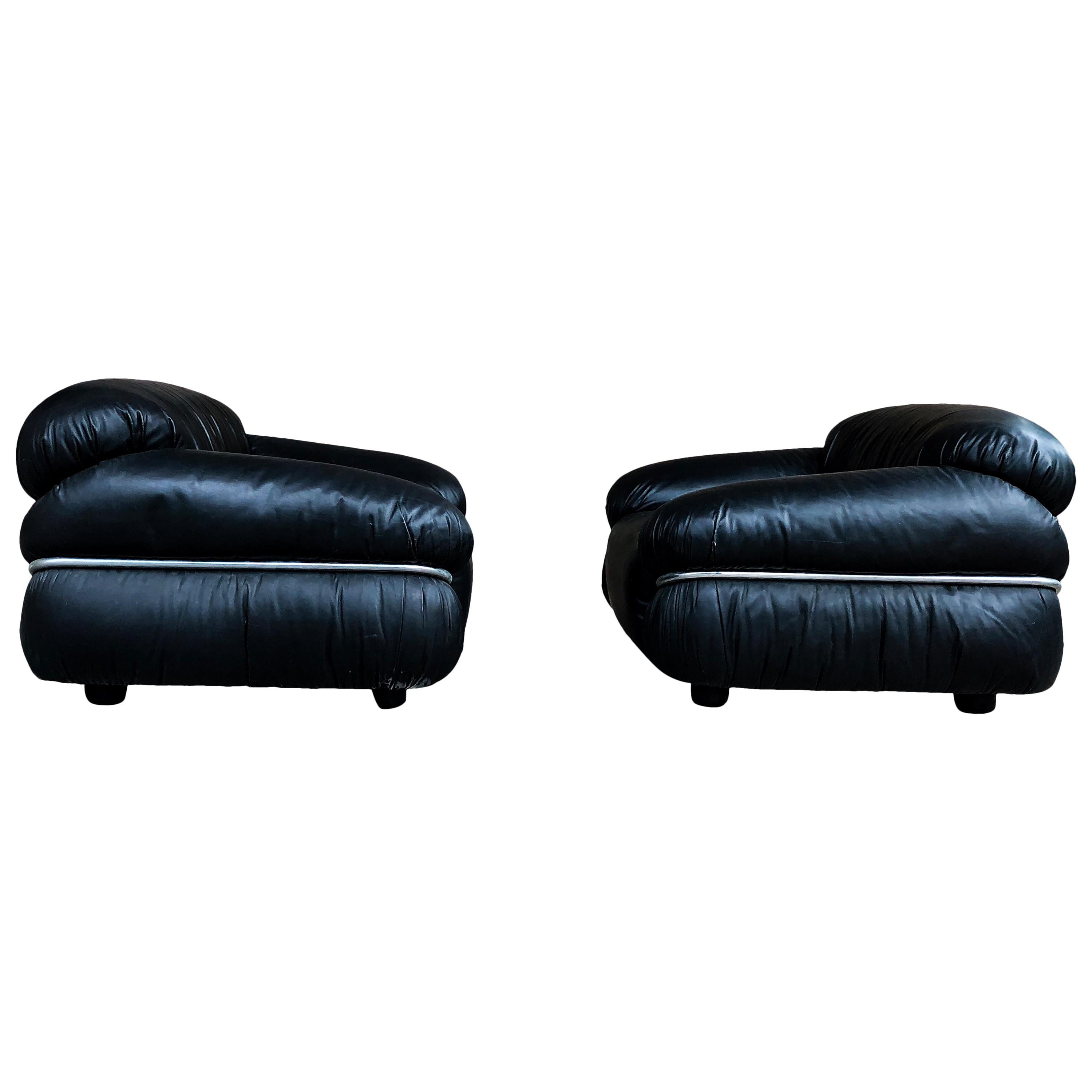 Sesann-Sessel aus schwarzem Leder von Gianfranco Frattini für Cassina, 1972, 2er-Set (Space Age) im Angebot