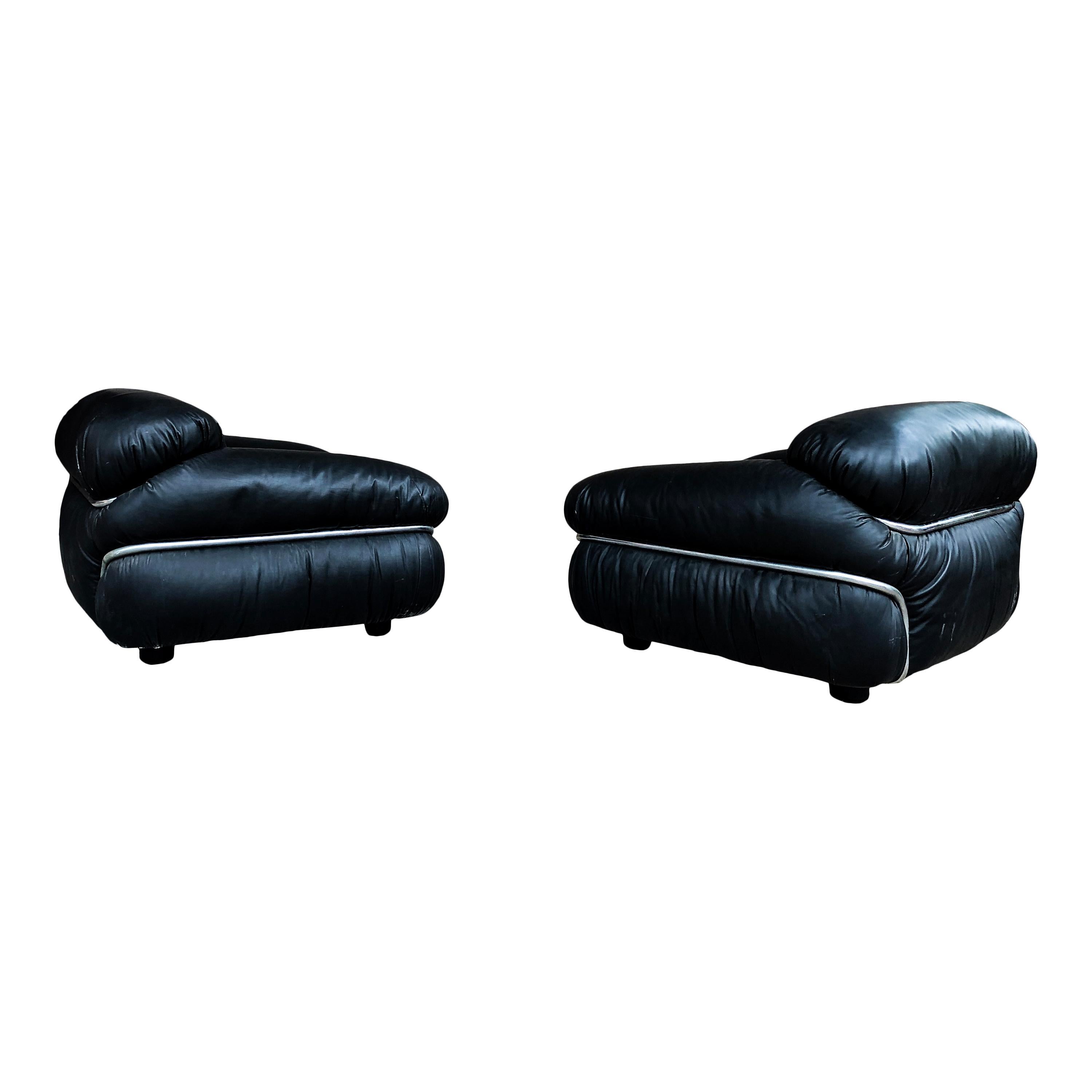 Sesann-Sessel aus schwarzem Leder von Gianfranco Frattini für Cassina, 1972, 2er-Set (Italienisch) im Angebot