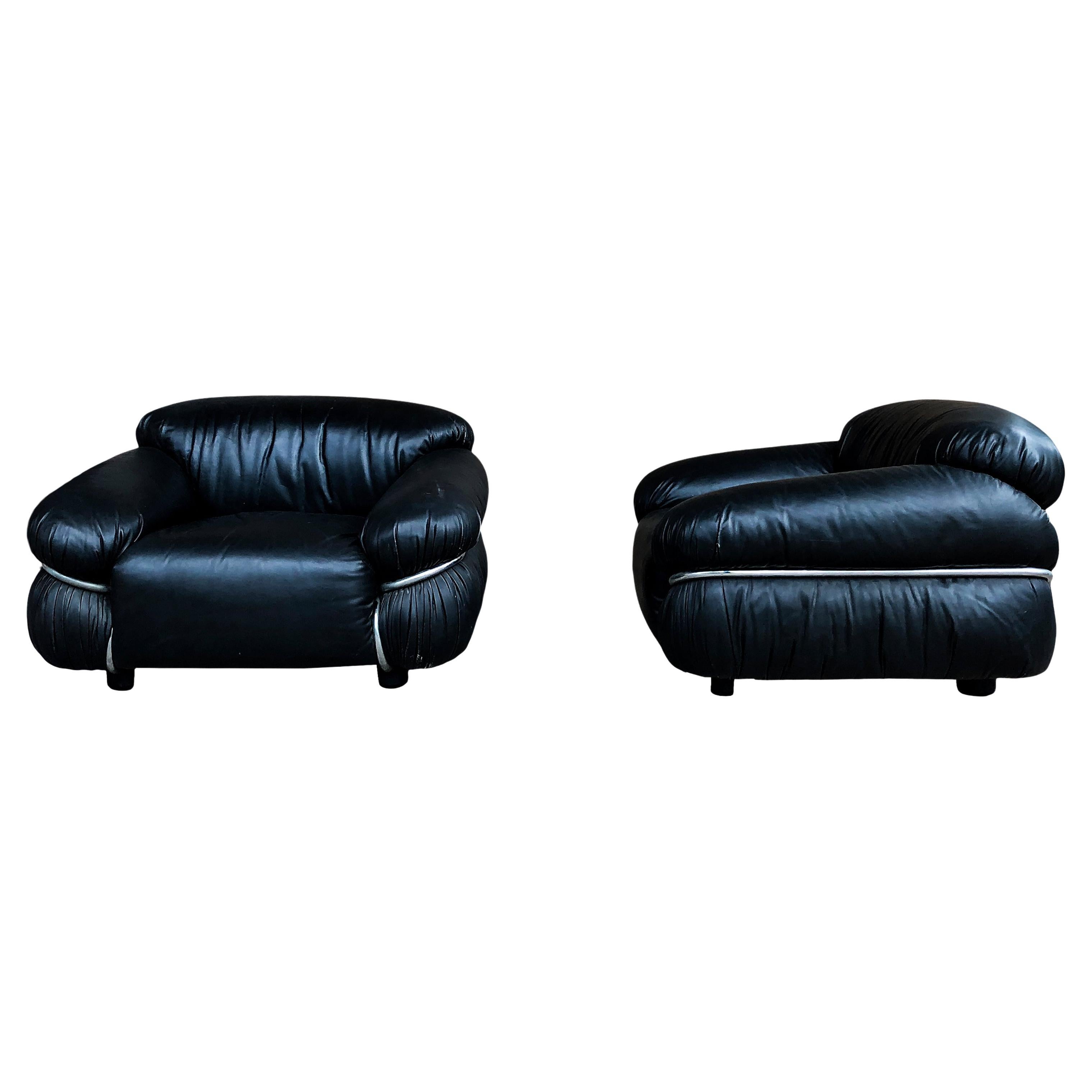Gianfranco Frattini Black Leather Sesann Armchair for Cassina, 1972, Set of 2