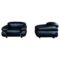 Gianfranco Frattini Black Leather Sesann Armchair for Cassina, 1972, Set of 2