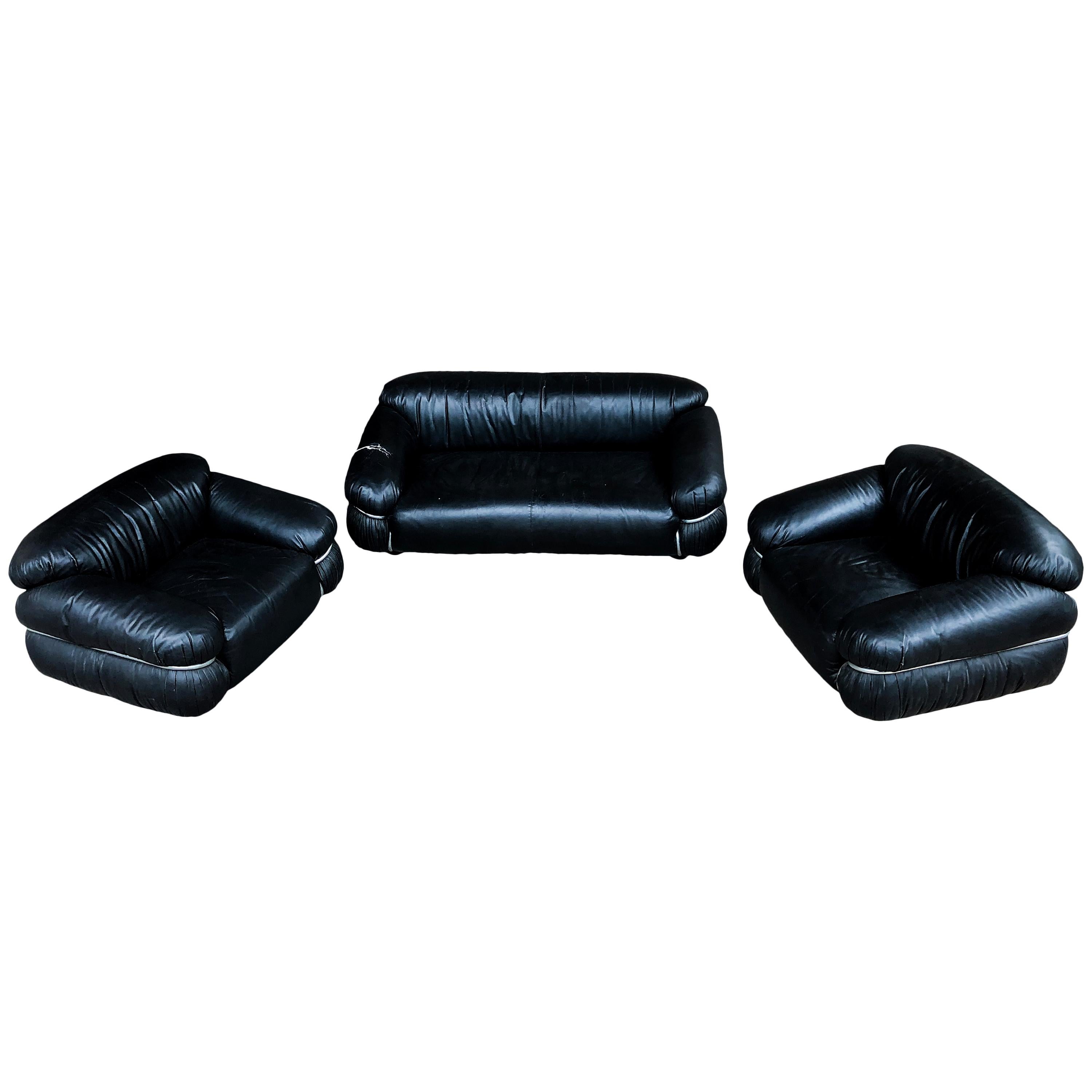 Gianfranco Frattini Black Leather Sesann Living Room Set for Cassina, 1972 In Good Condition For Sale In Vicenza, IT