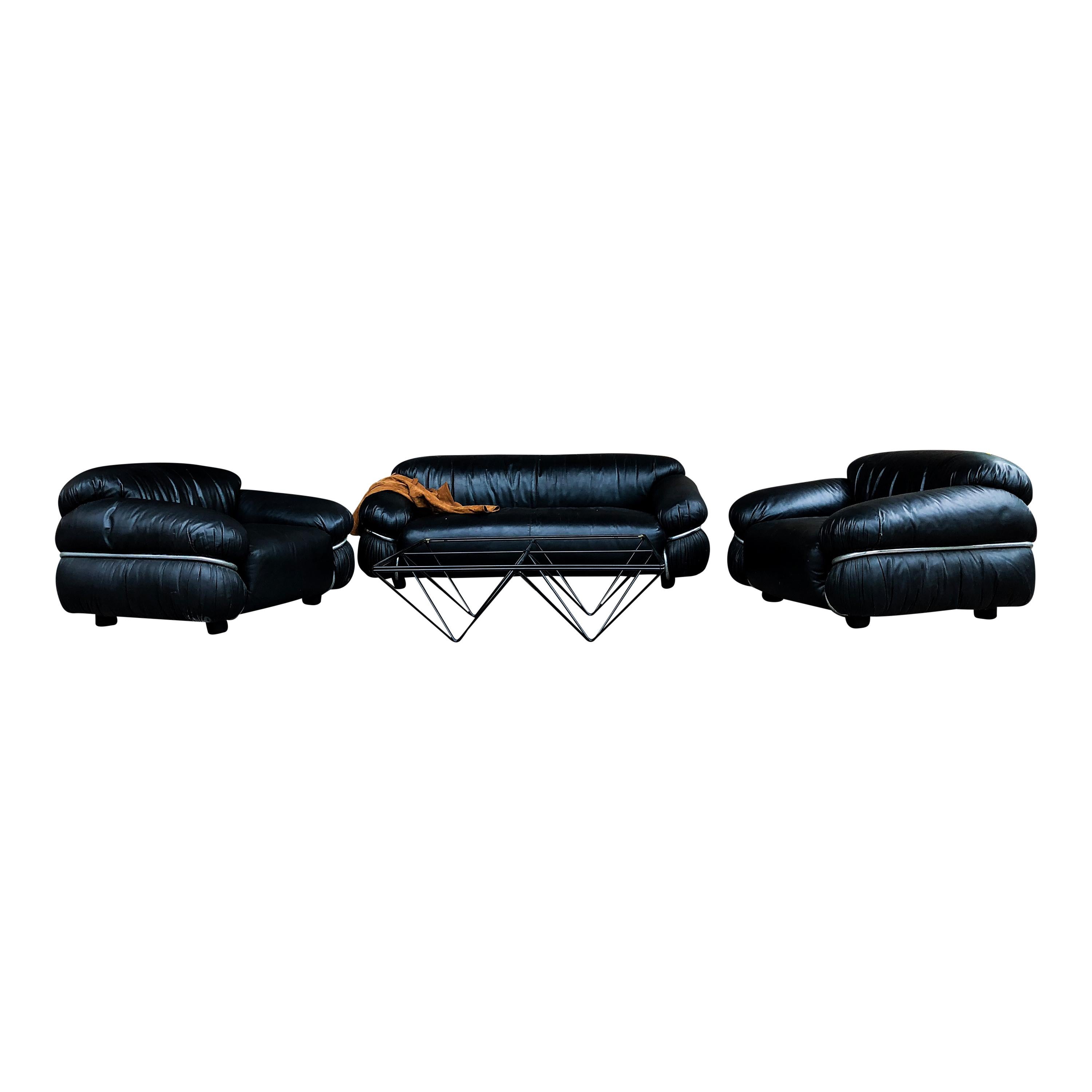 Gianfranco Frattini Black Leather Sesann Two-Seater Sofa for Cassina, 1972 For Sale 3