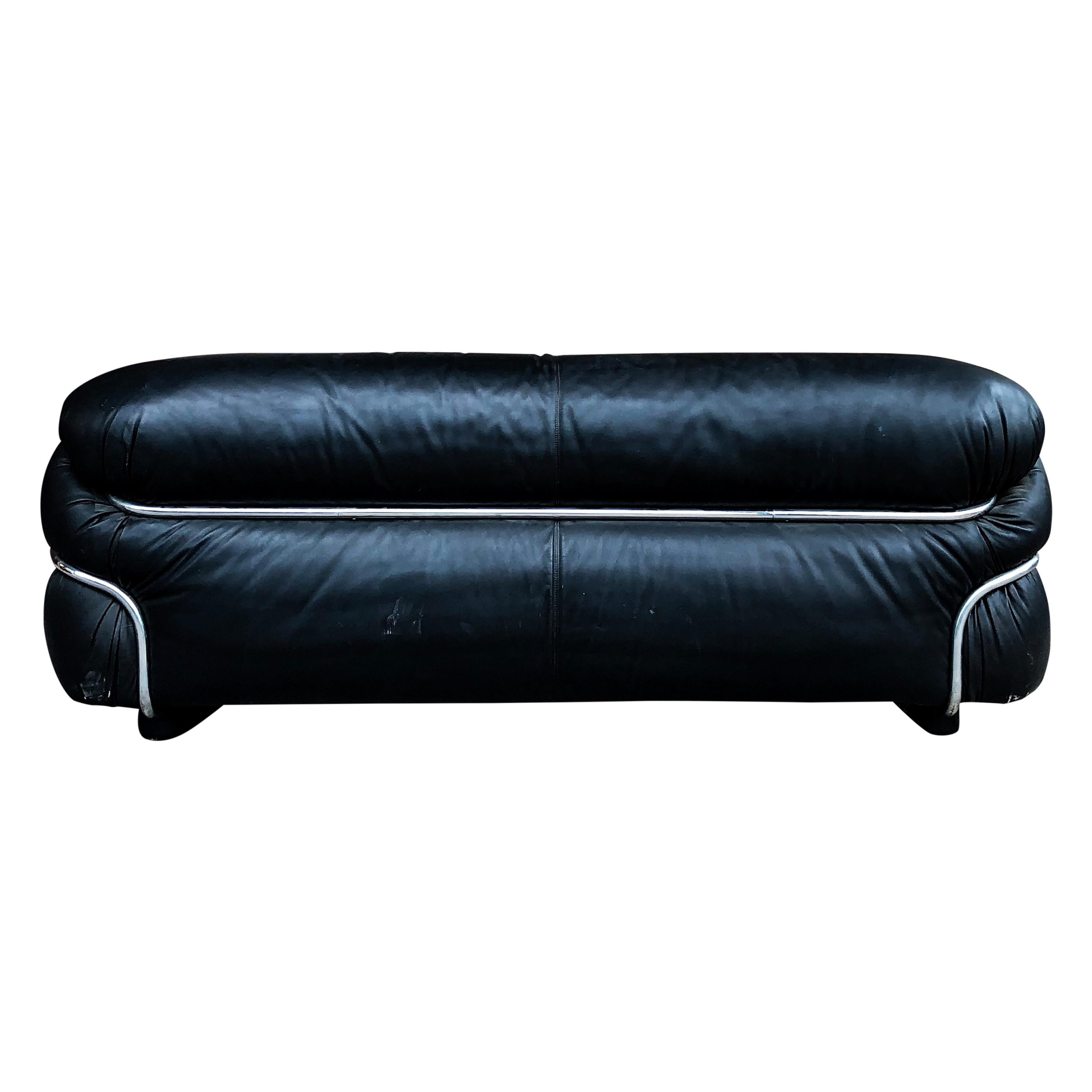 Gianfranco Frattini Black Leather Sesann Two-Seater Sofa for Cassina, 1972 In Good Condition For Sale In Vicenza, IT