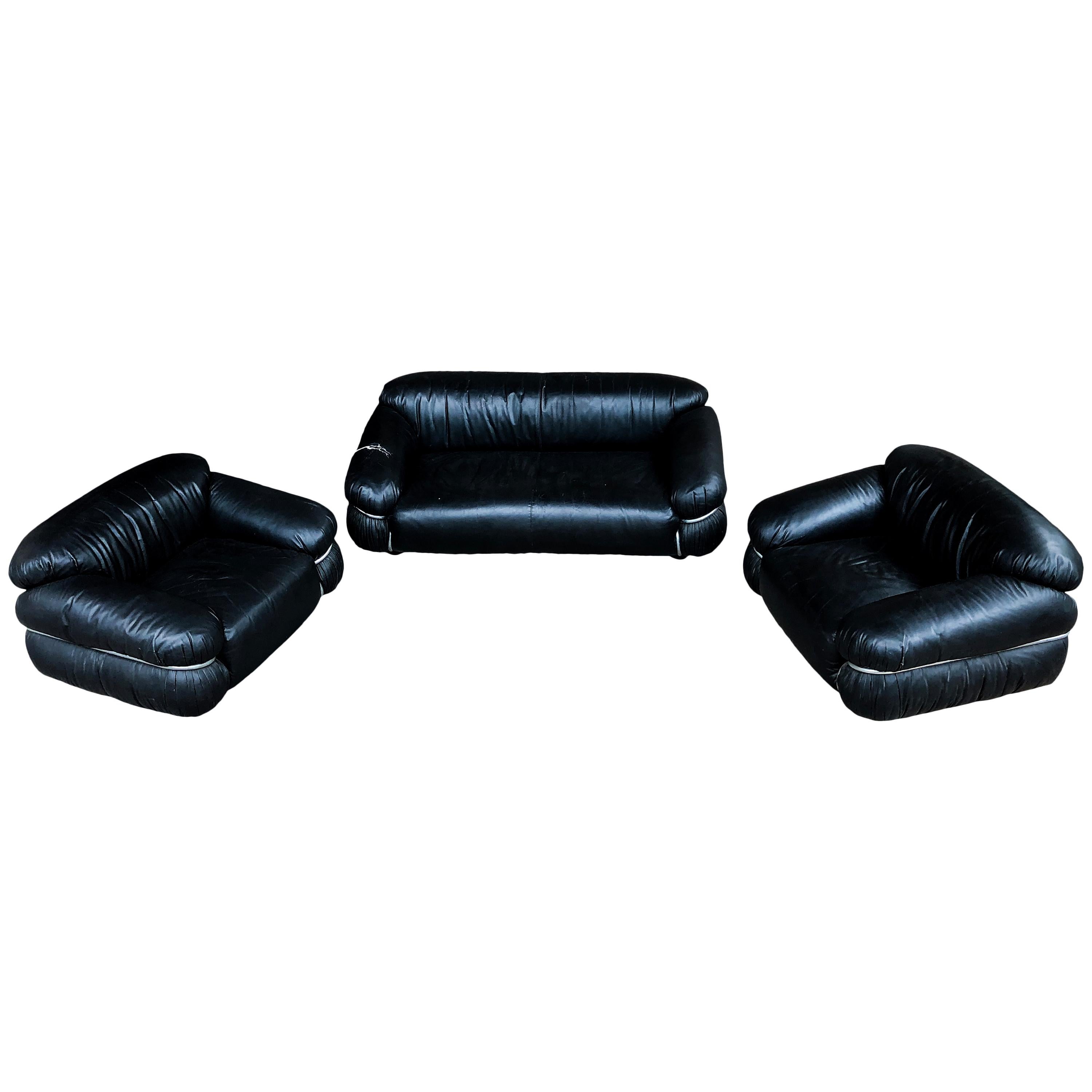 Cotton Gianfranco Frattini Black Leather Sesann Two-Seater Sofa for Cassina, 1972 For Sale