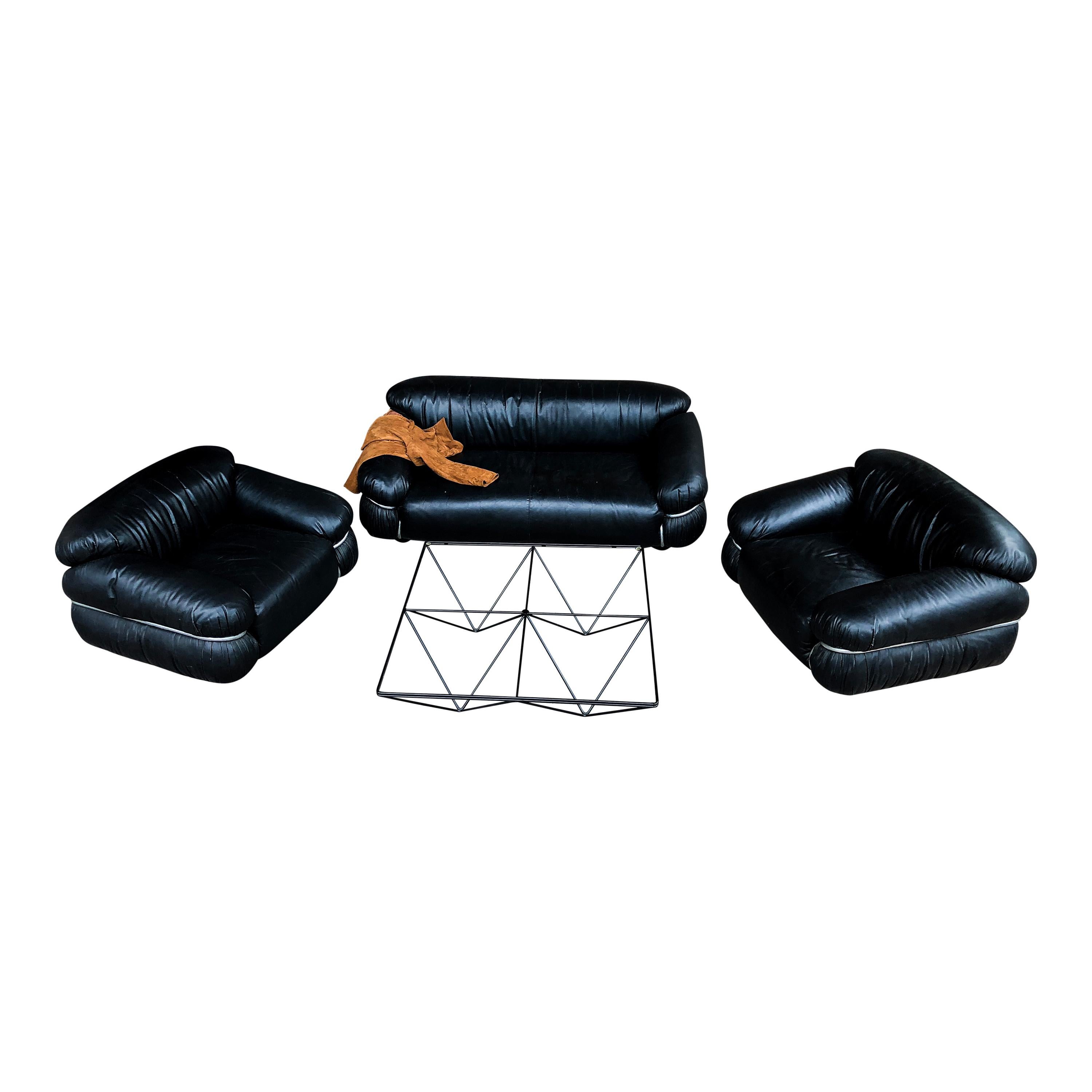 Gianfranco Frattini Black Leather Sesann Two-Seater Sofa for Cassina, 1972 For Sale 1