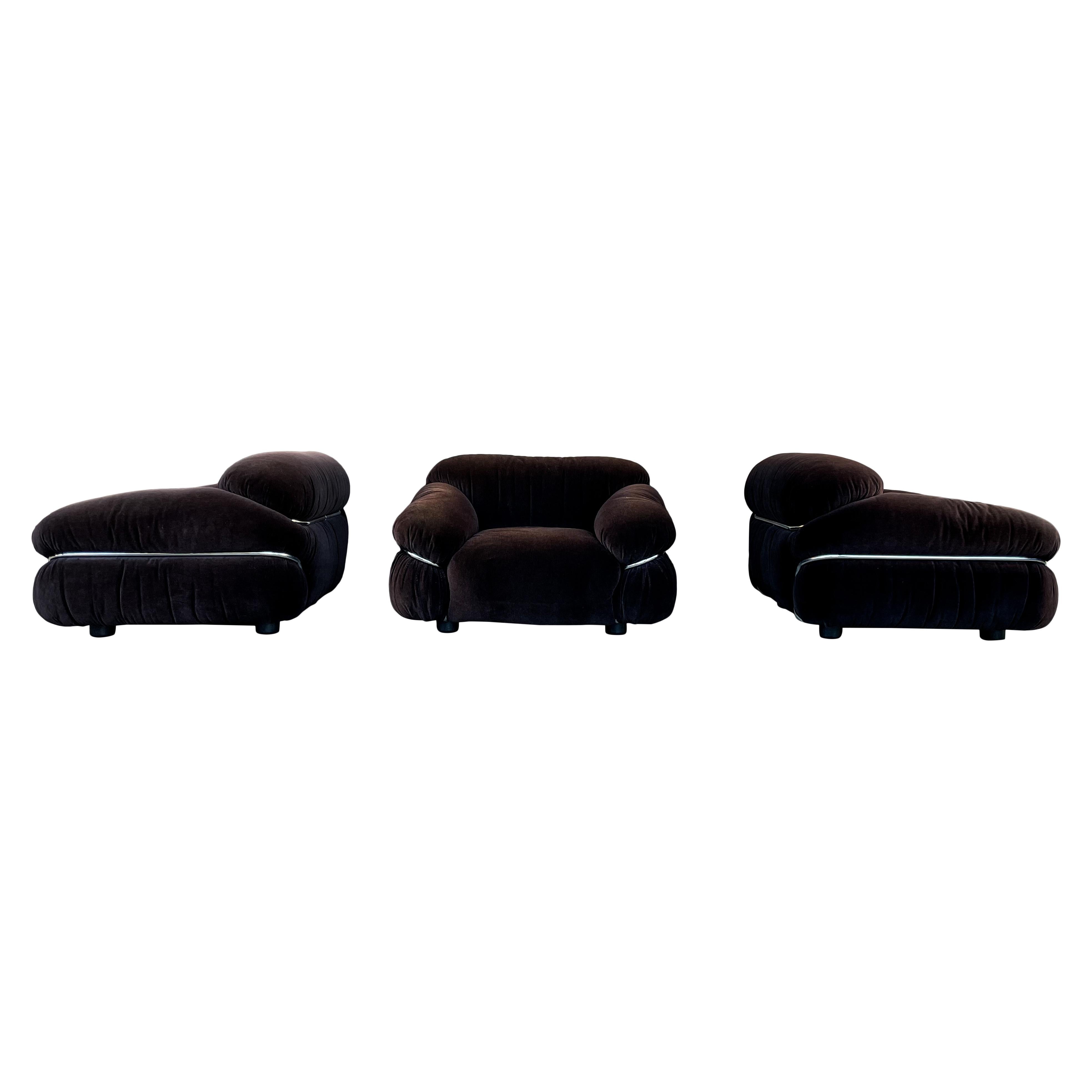 Coton Ensemble de salon Sesann en velours d'alpaga marron de Gianfranco Frattini pour Cassina, 1972 en vente