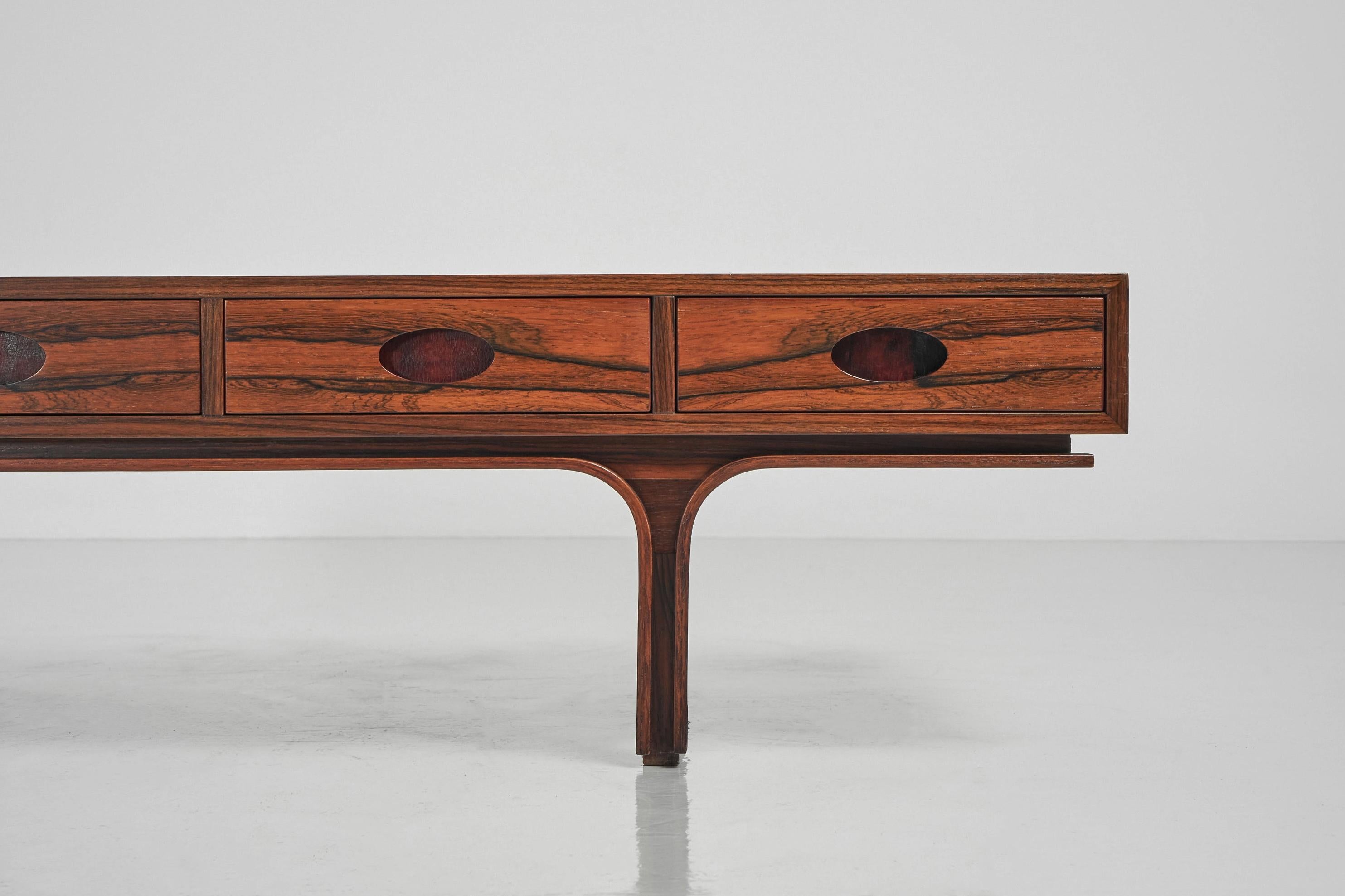 Drawer console table designed by Gianfranco Frattini and manufactured by Bernini, Italy 1957. This stunning quality low console or side table is a unique piece in its genre. This multifunctional piece can be used for different purposes, since it is