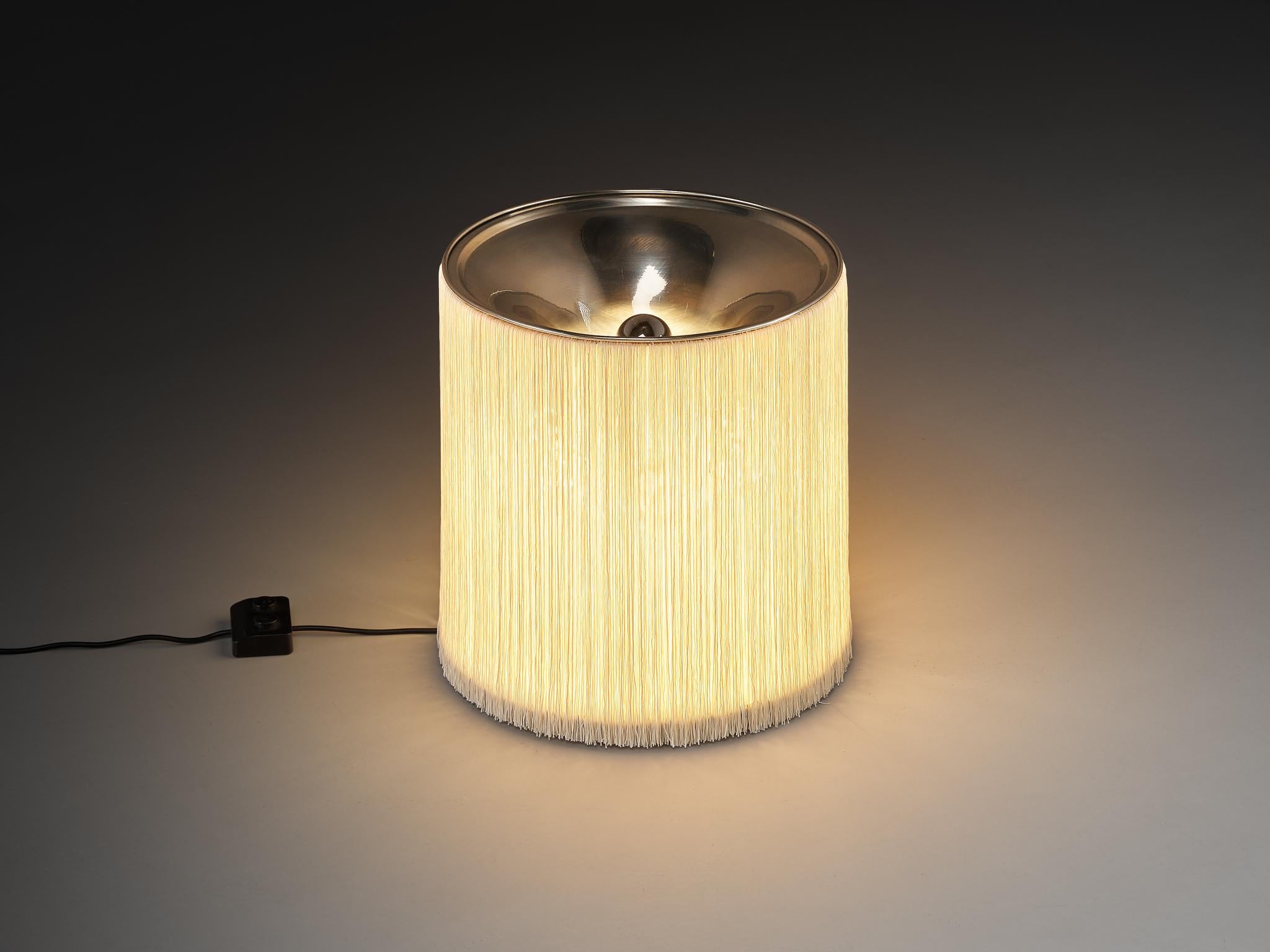 Gianfranco Frattini for Arteluce, table or floor lamp, model '597', chrome-plated aluminium, rayon, Italy, 1961.

Designed by Gianfranco Frattini for Arteluce in 1961, this innovative lamp design features a central conical base that supports