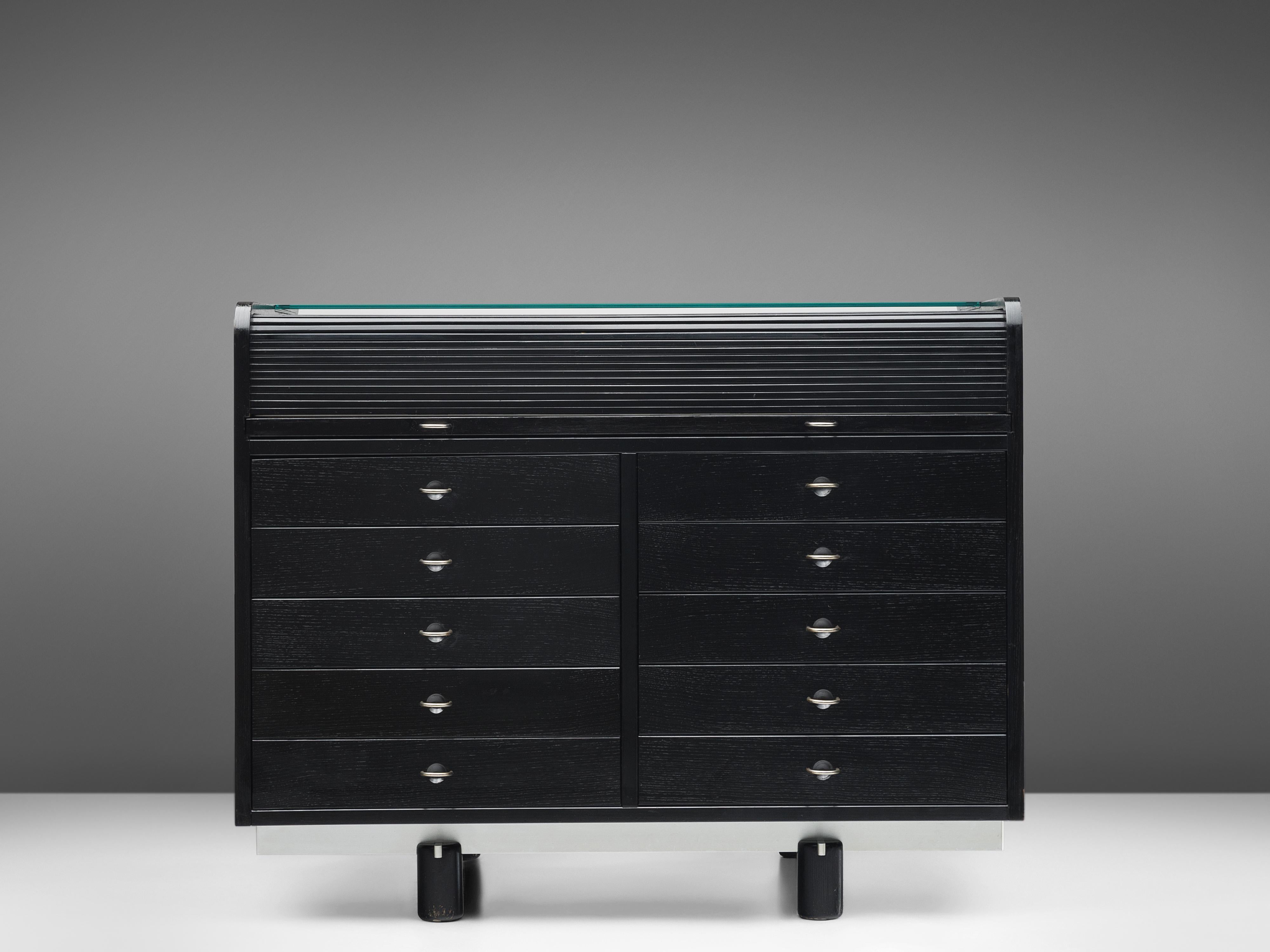 Gianfranco Frattini for Bernini, cabinet with desk model 804, lacquered wood, glass, suede, metal, Italy, 1960s

This black cabinet with integrated desk is designed by Gianfranco Frattini for Bernini. This versatile piece fulfills storage needs as