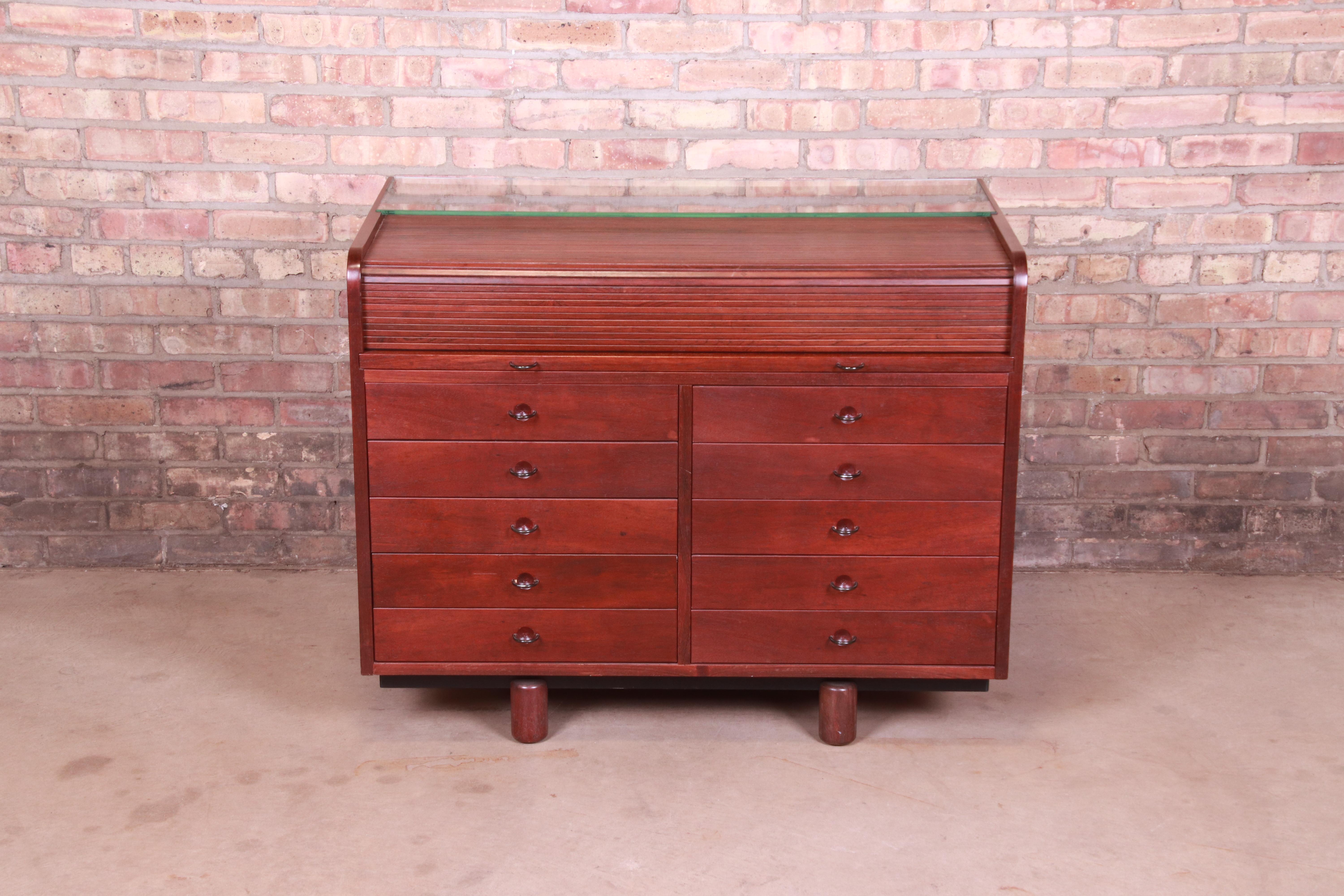 Mid-Century Modern Gianfranco Frattini for Bernini Mahogany Roll Top Commode Desk with Bookcase