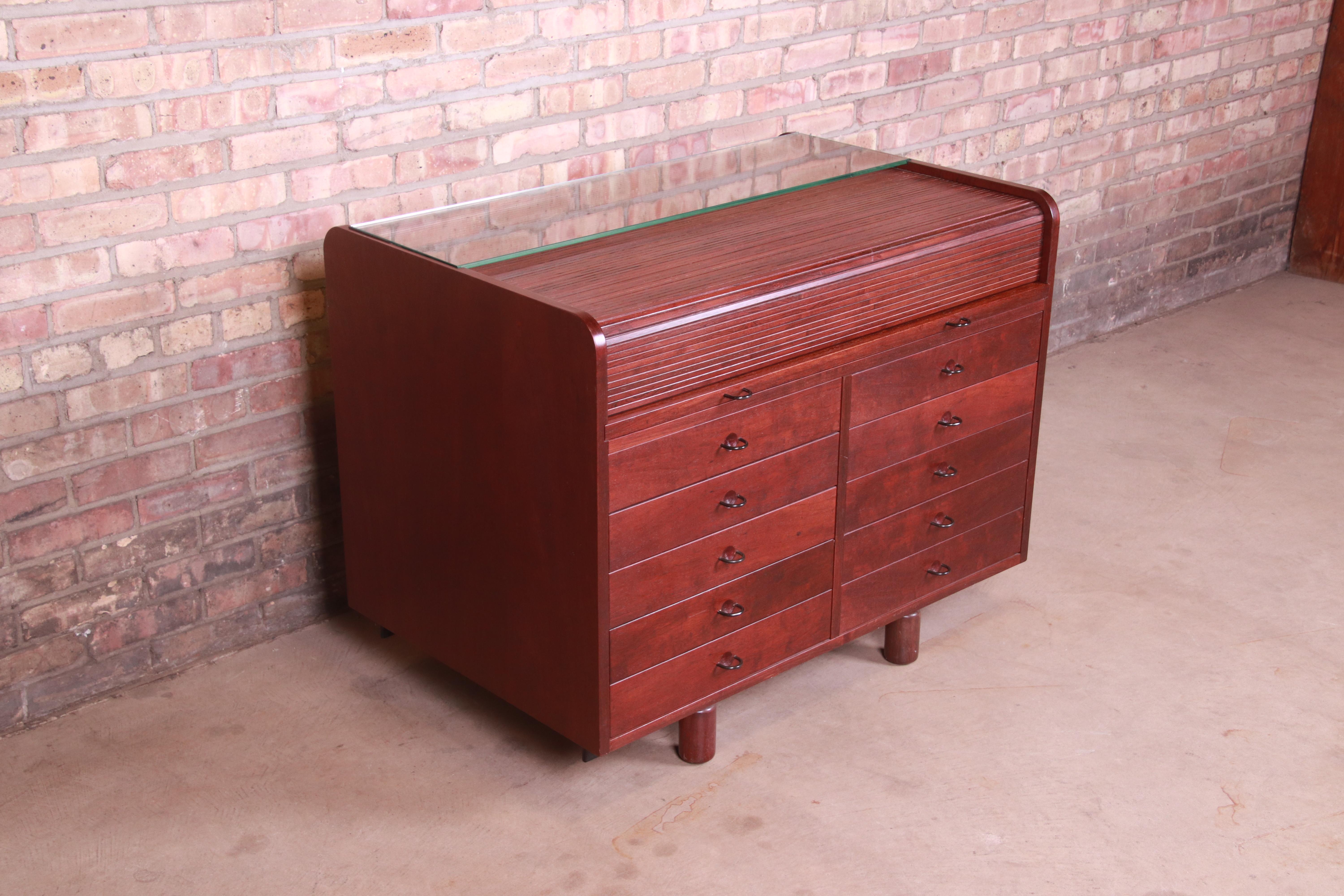 Gianfranco Frattini for Bernini Mahogany Roll Top Commode Desk with Bookcase In Good Condition In South Bend, IN