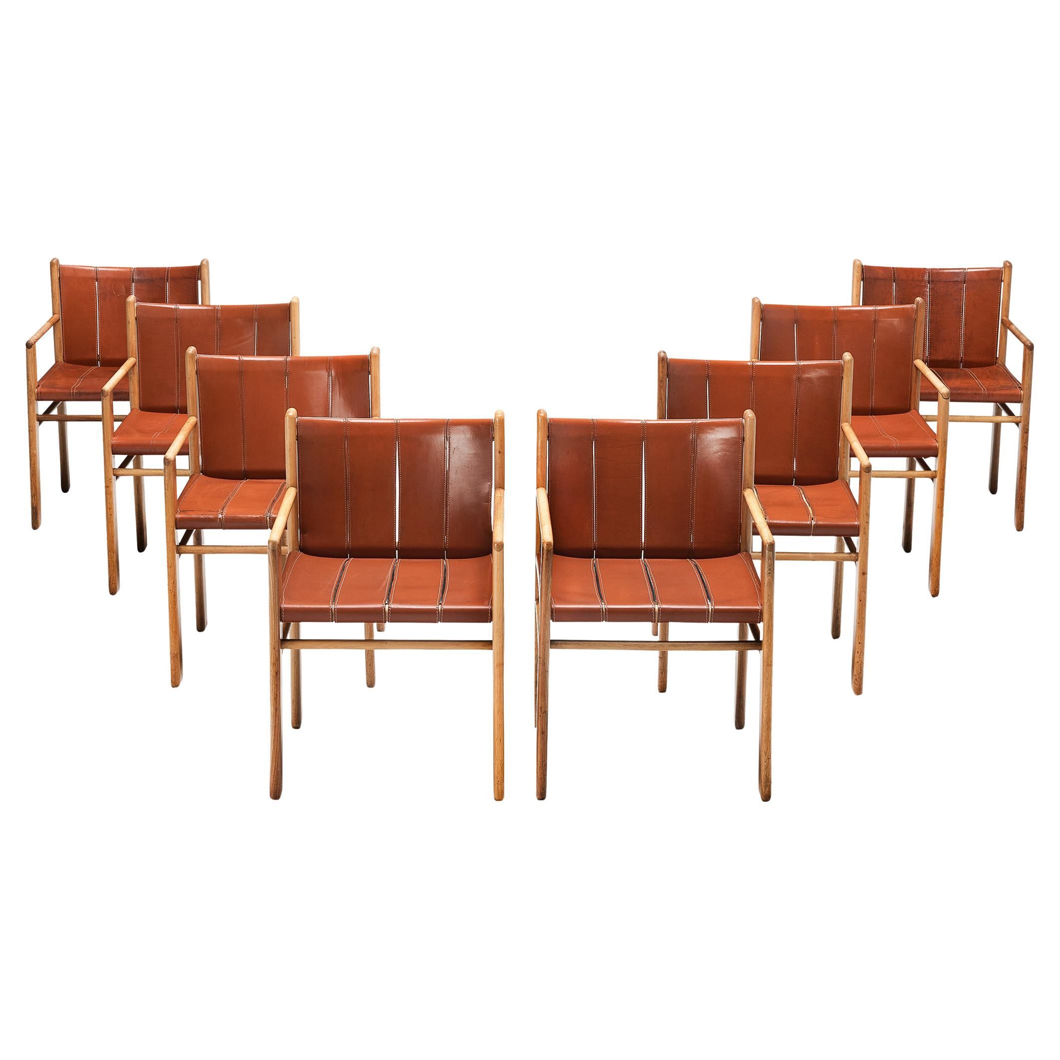 Gianfranco Frattini for Bernini Set of Eight Armchairs in Leather and Walnut