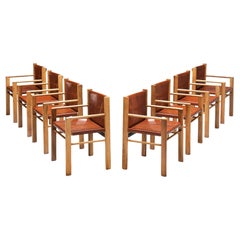 Gianfranco Frattini for Bernini Set of Eight Armchairs in Leather and Walnut