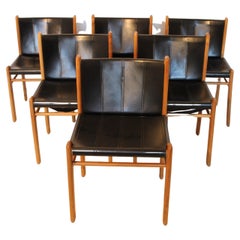 Gianfranco Frattini for Bernini  Six Walnut and Black Leather Chairs, Italy 1981